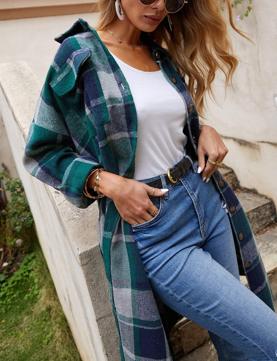 Omoone Women's Flannel Plaid Shacket Fall Oversized Long Button Down Shirt Jacket Shackets - Image 6