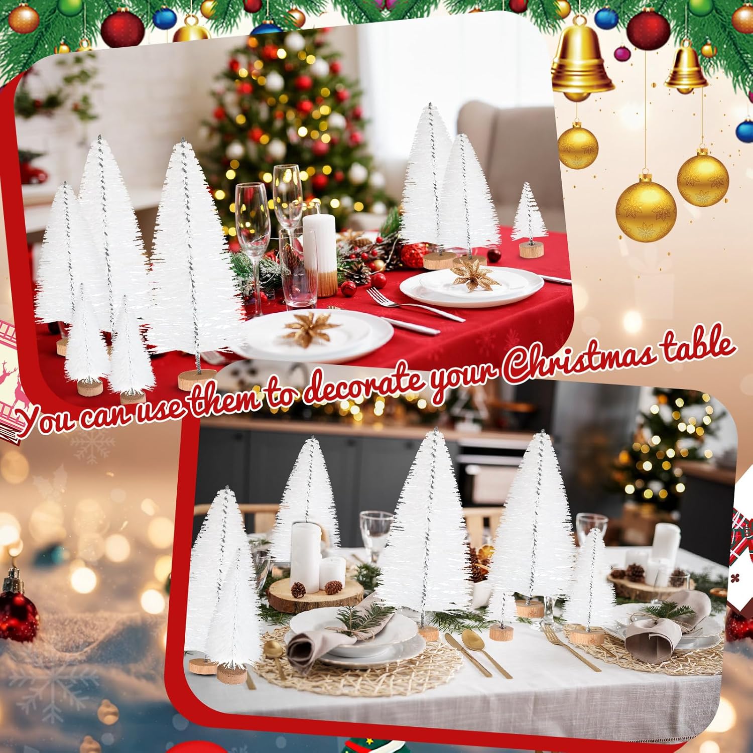 SATINIOR 200 Pieces 6 Sizes Artificial Mini Christmas Tree Sisal Snow Trees Bottle Brush Christmas Trees Pine Trees Ornaments with Wooden Base for Home Christmas Winter Party Decoration(White)