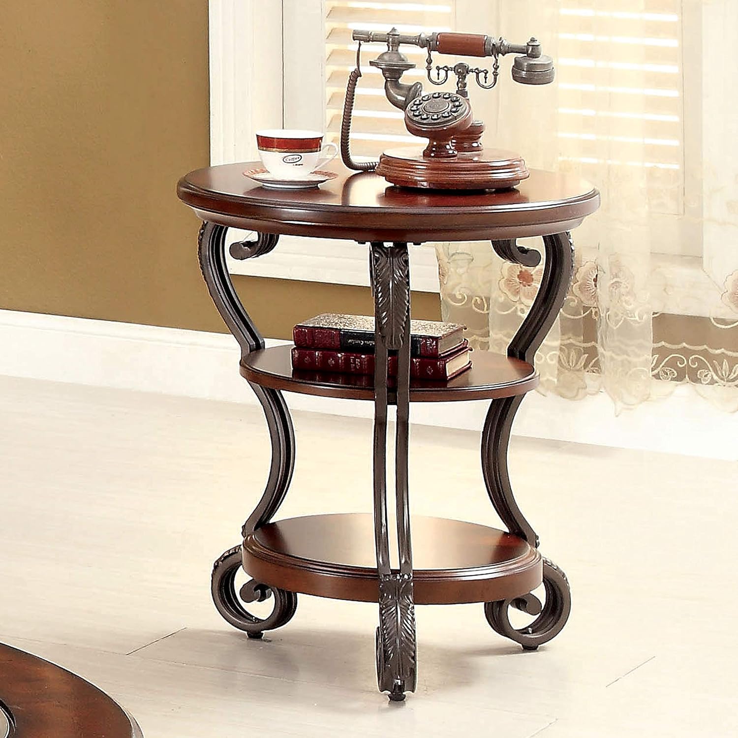24/7 Shop at Home Marilee Rustic Round 2-Shelf Side Table, Brown Cherry