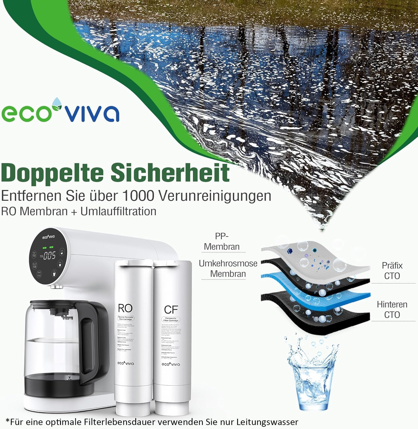 Ecoviva Auftisch Osmoseanlage 5-stufige Filtration Echtzeit-TDS-Monitor 3:1 Rein zu Abfluss WP-RO-200G Weiß