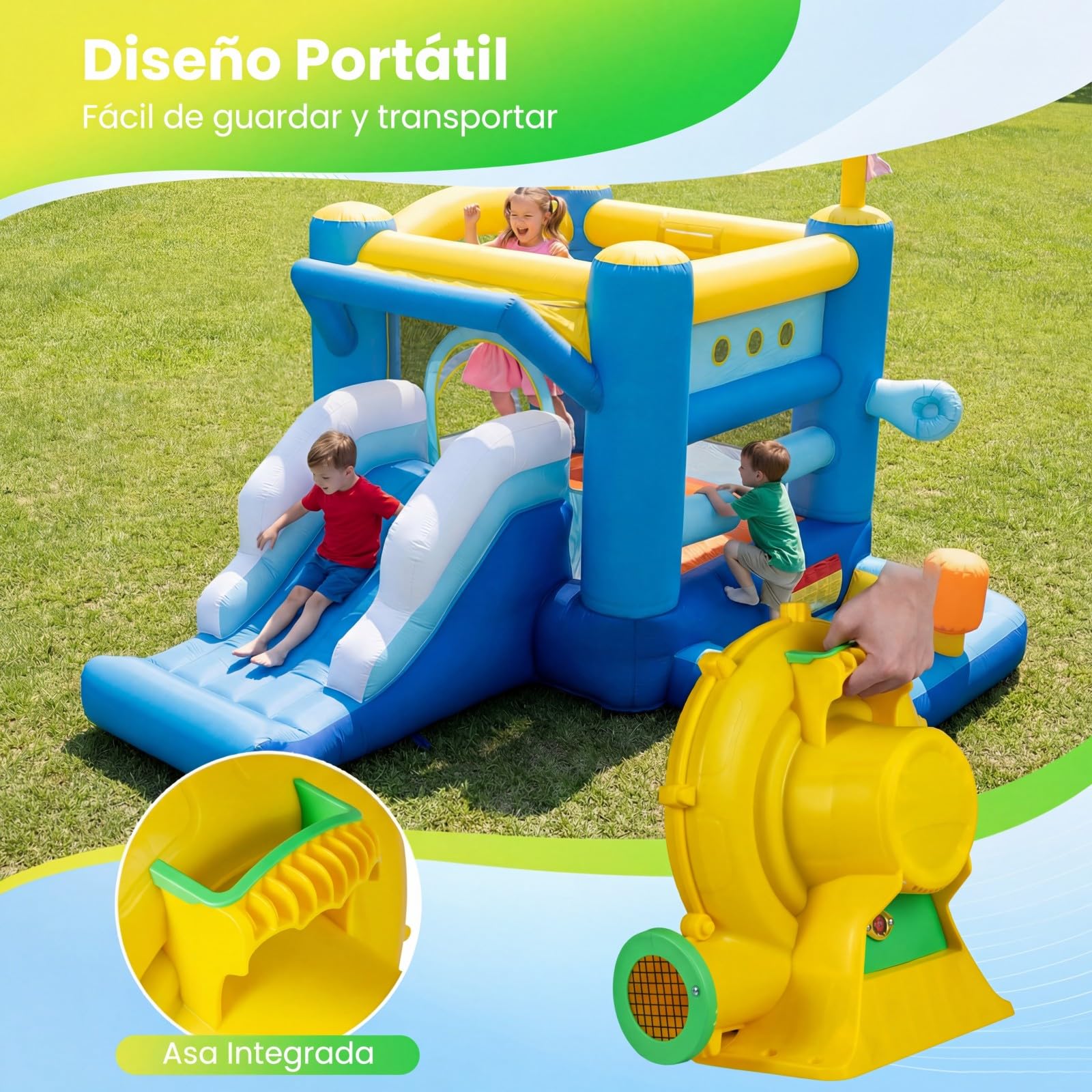 COSTWAY 680W Soplador de Aire para Castillo Hinchable, 220-240V Bomba de Bajo Ruido con 4 Estacas de Tierra y Cable de Alimentación, 2340pa Ventilador Eléctrico Potente para Juguetes Inflables