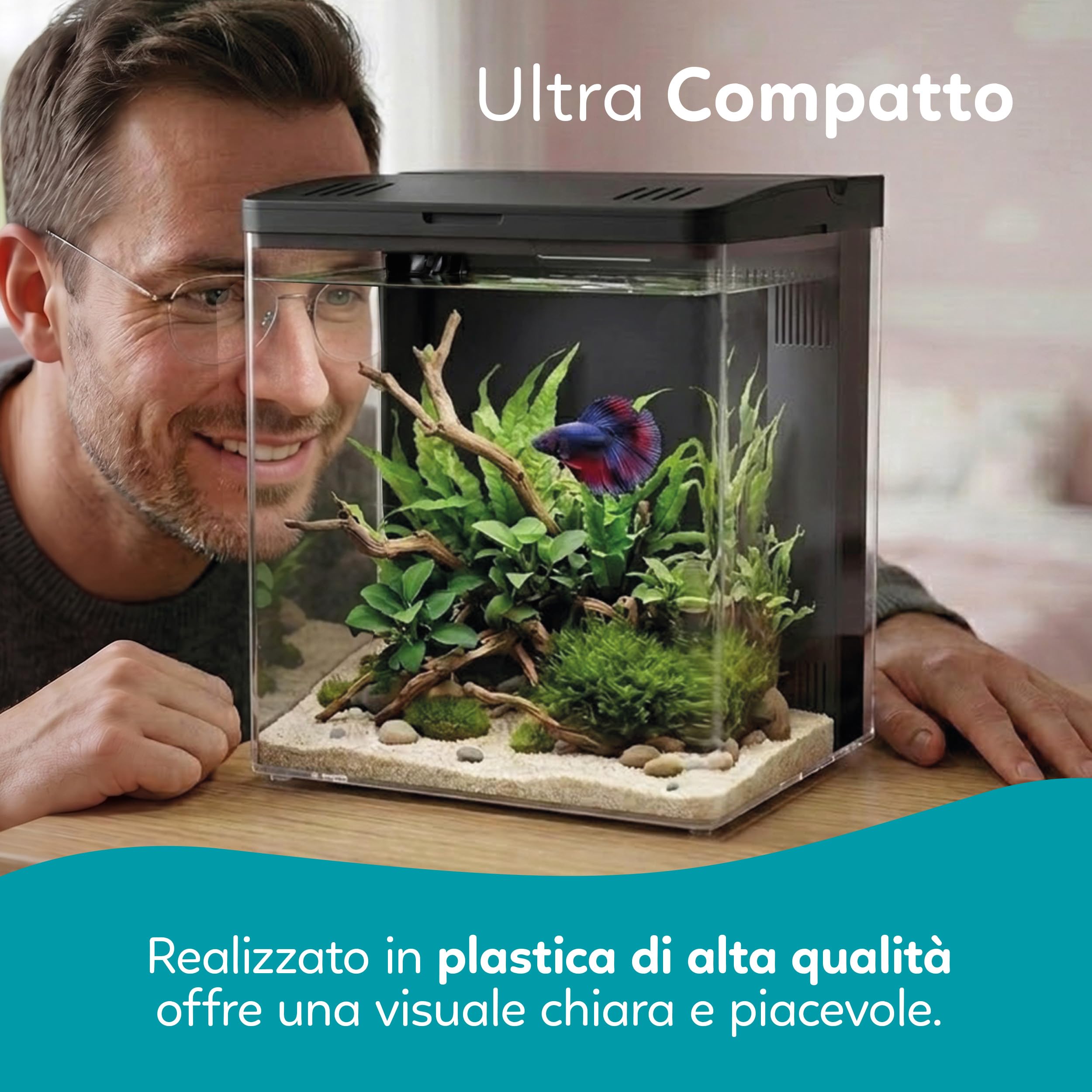 AQPET NEYA Acquario da Scrivania con Filtro e Pompa Inclusi, LED 5 Modalità e Porte USB – Mini Acquario in Acrilico con Coperchio Apribile, Ideale per Betta, Caridine e Piante Acquatiche 5lt (Nero)
