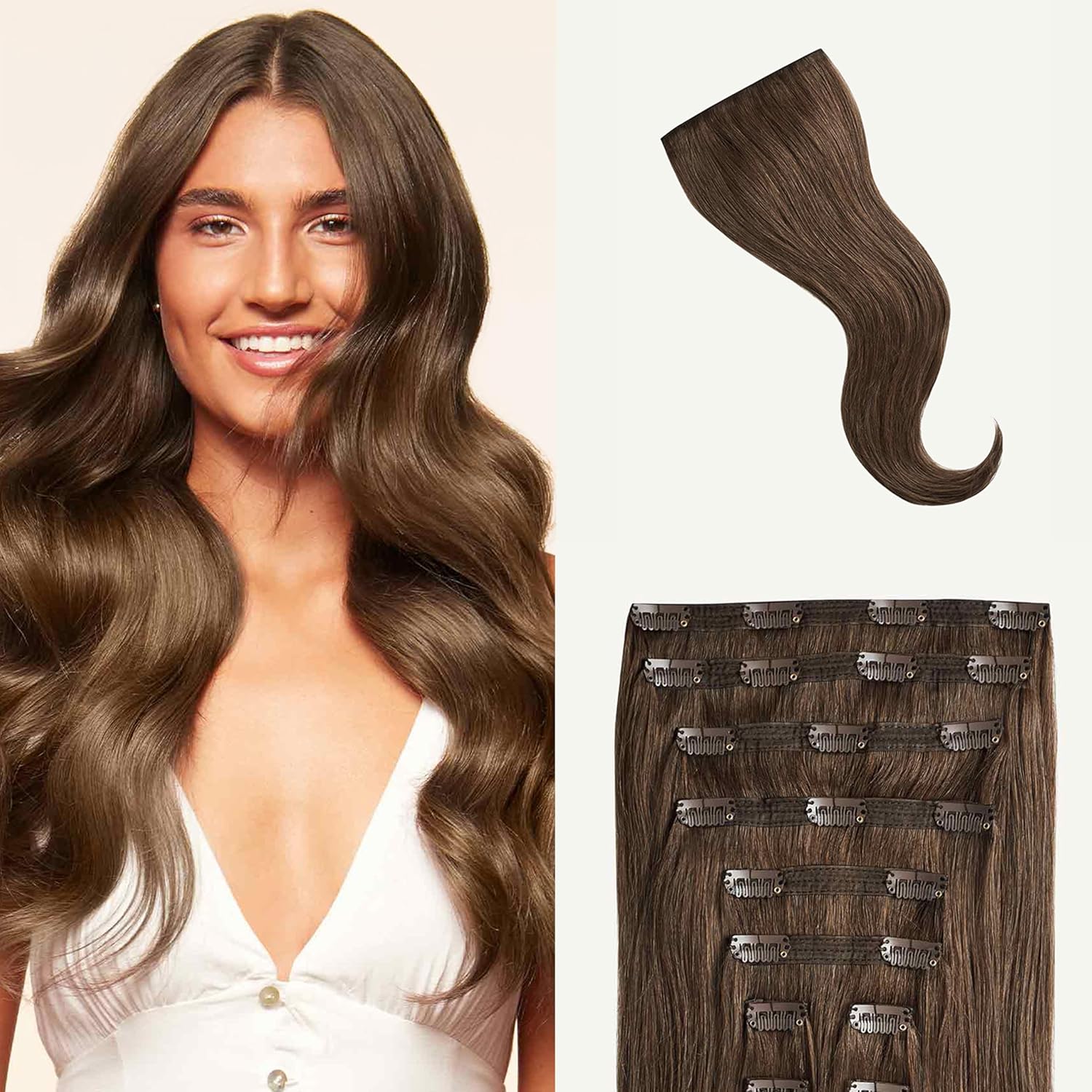 Luxy 100% Remy Human Hair, Classic 160g Clip-In Hair Extensions – 10 Wefts Multi-Dimensional Color for Natural Blending, Adds Volume & Length, Easy Apply & Remove 16″ Neutral Brown Classic