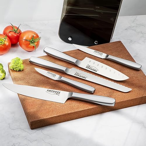 Miniatura 9 de Topfeel Juego de cuchillos para cocina con bloque, juego de cuchillos afilados de 6 piezas, acero inoxidable pulido espejo de alto carbono, juego de