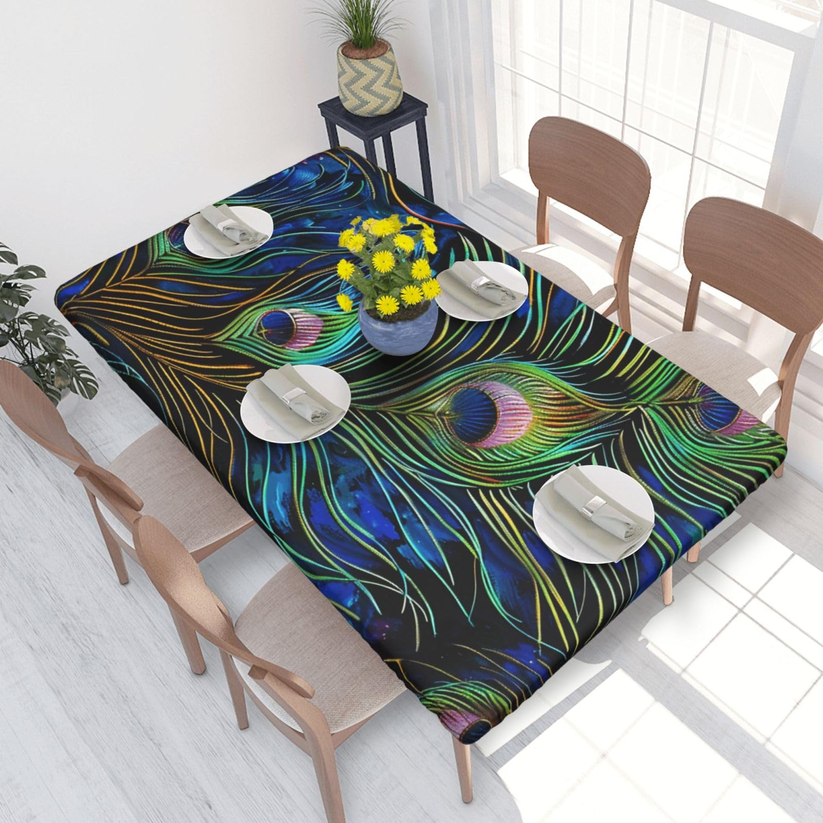 DCARSETCV Peacock Feather Printed 4FT Waterproof Tablecloth with Elastic Edged Protect & Decor Your Table, Oil-proof Washable Table Cloth Cover for Dinner Picnic Party