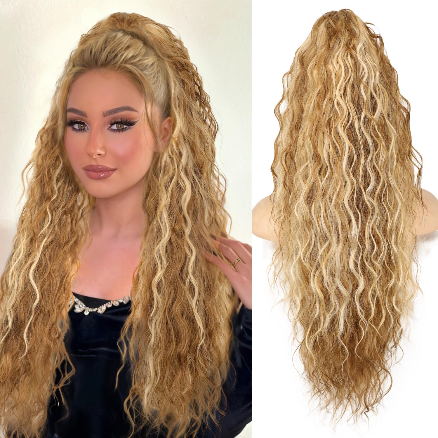 ORSUNCER Ponytail Extension Claw 30" Curly Pony Tail Clip in Claw Hair Extensions Fluffy Natural Looking Synthetic Hairpiece for Women Light Brown Mix