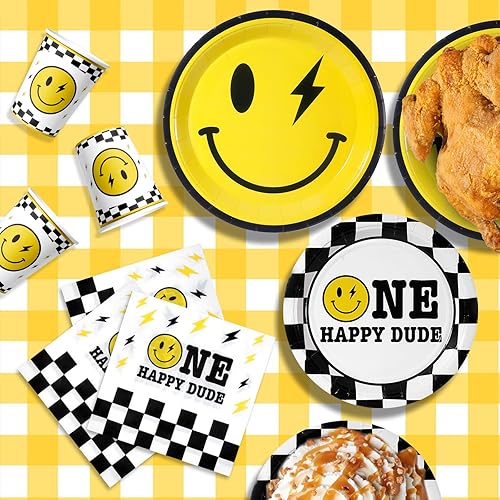 Miniatura 6 de One Happy Dude - Decoraciones de cumpleaños, platos de fiesta de cara sonriente amarilla, servilletas One Happy Dude Platos de papel desechables