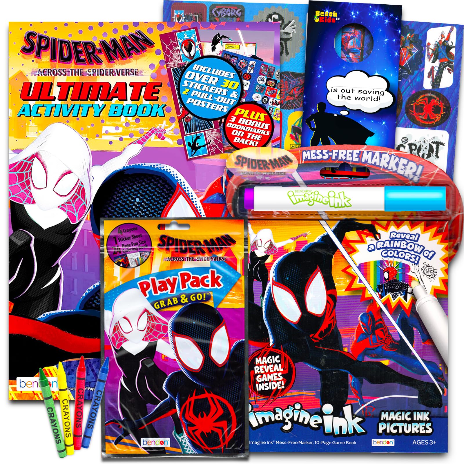 Spiderman Across The Spiderverse Coloring Book Set - 3 Pc Bundle with Spiderverse Coloring and Activity Book, Mess-Free Imagine Ink, Play Pack, More | Spiderman Spider Verse Coloring Book