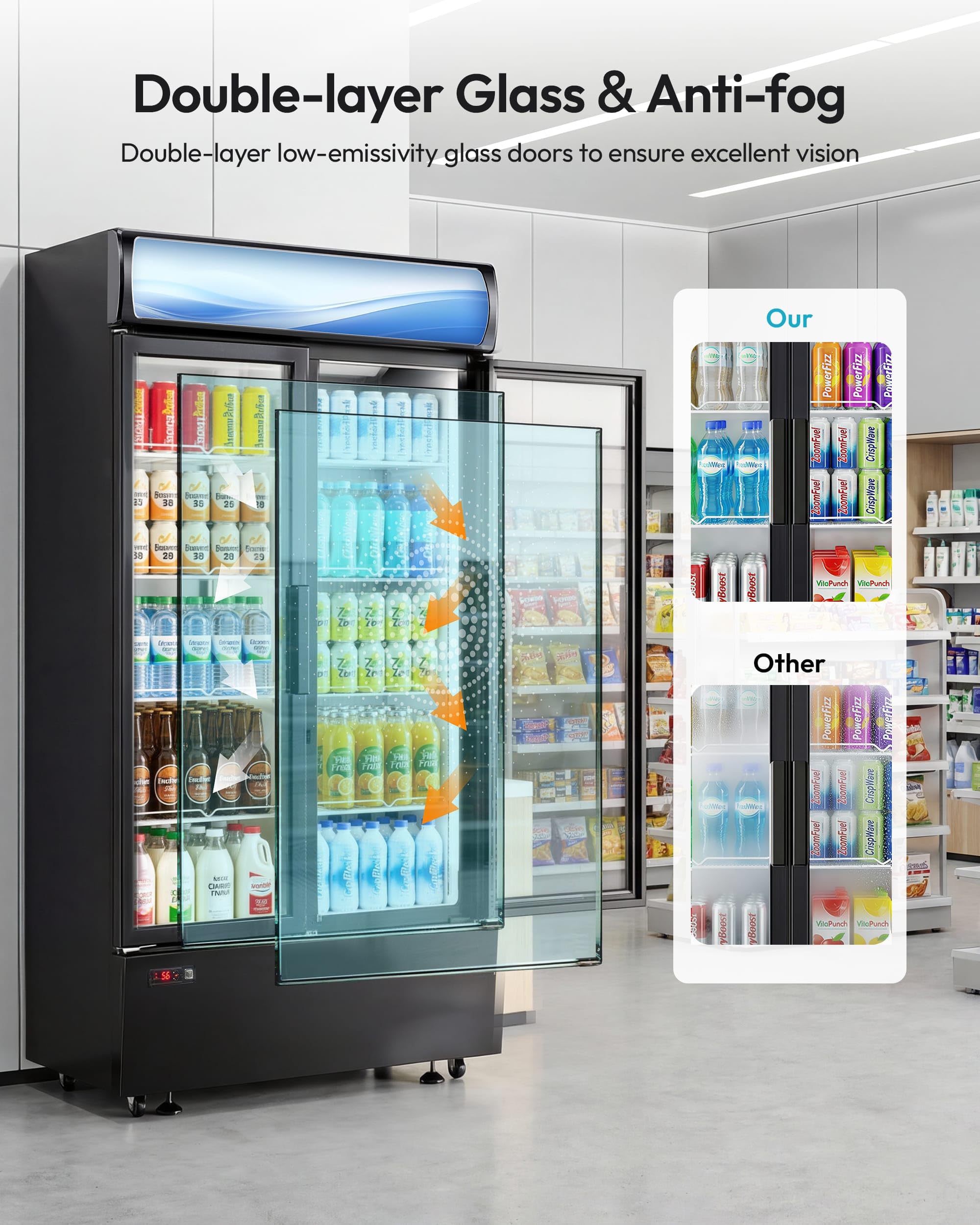 Icevival 21 Cu.Ft Commercial Refrigerator, Beverage Refrigerator With Built-In LED Light, 2 Glass Door Drink Display Fridge With Adjustable Shelves, 32-50°F Temperature Control Etl Certified on Fridge.com - View 5