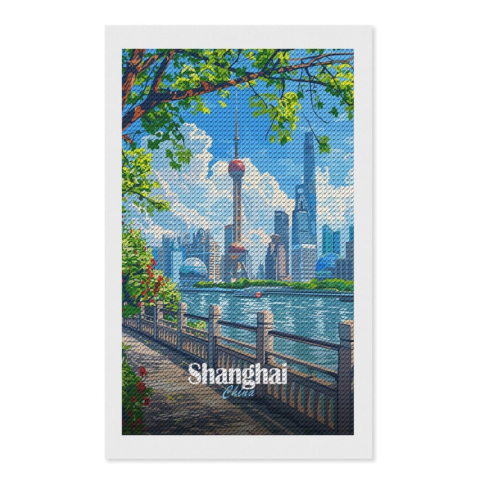 Junmoney Shanghai China Cityscape Illustration DIY Diamond Art Canvas Kit 12"x20", Farmhouse Decor, Vintage Style Decor, Handmade Wall Decor, Canvas Picture