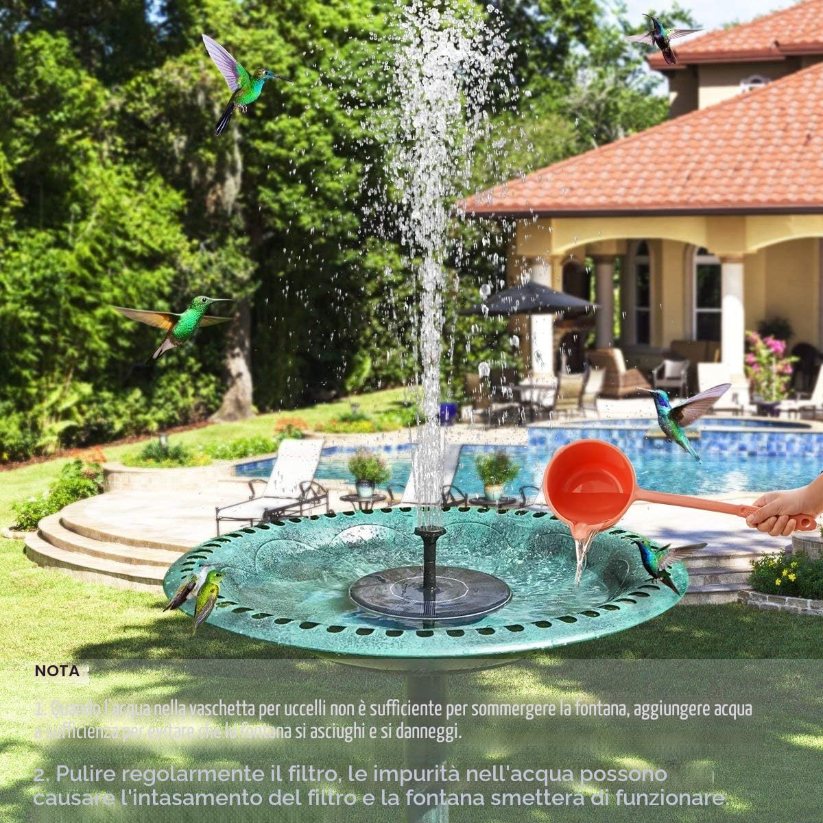 Pompa a fontana per uccelli a energia solare con 6 ugelli per vasche per uccelli, giardini, laghetti e piscine, decorazione ideale per esterni
