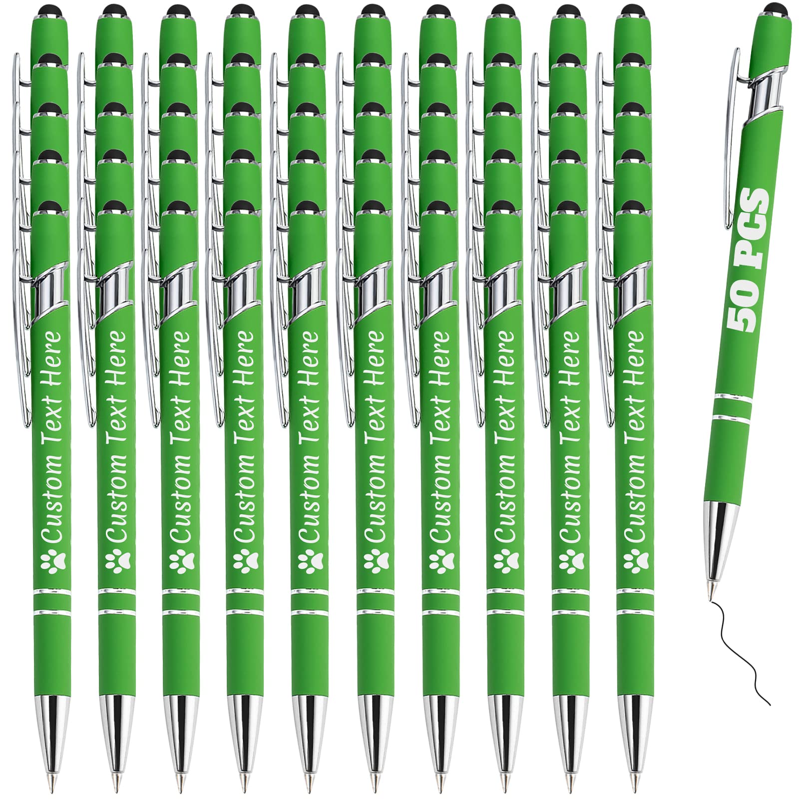 Personalised Pens Bulk 50 with Name Custom Engraving Ballpoint Pens with Stylus Tip Customised Smooth Writing Pens Personalised Gifts for Anniversary Birthday or Graduation(Light Green,Black Ink) — image 1