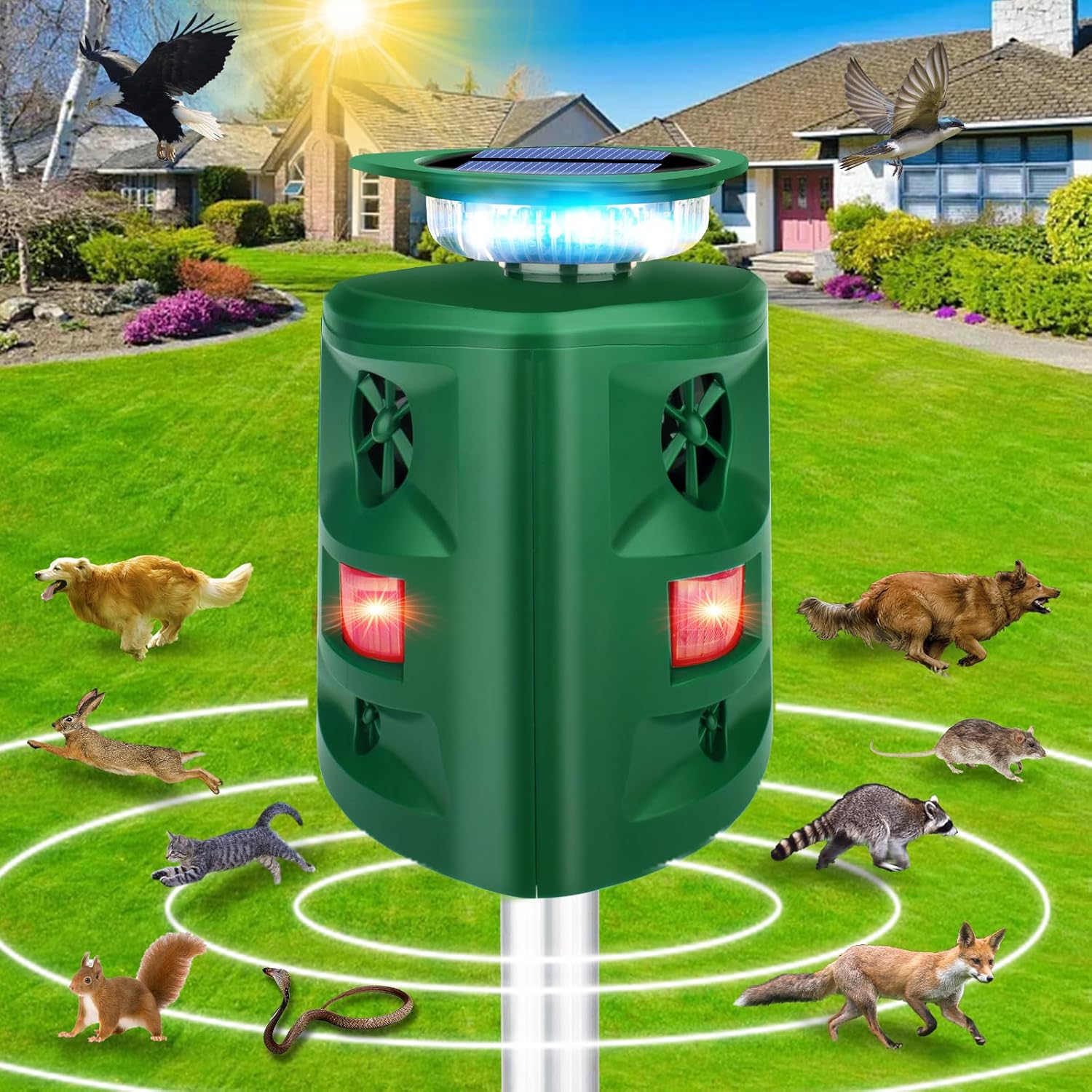360°Solar Ultrasonic Animal Repellent, Deer Repellent Devices Cat Repellent Outdoor, Waterproof Squirrel Raccoon Rabbit Skunk Snake Coyote Dog & Bird Deterrent with Motion Sensor & Flashing Light 1PCS Green