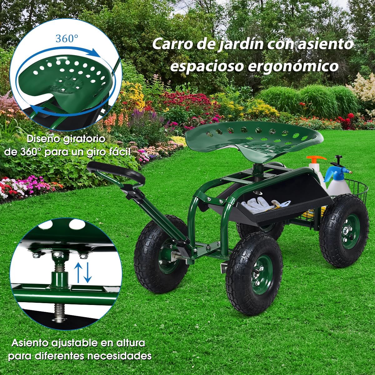 COSTWAY Asiento de Jardín con Ruedas y Asa Extensible, Taburete Móvil de Trabajo de Jardinería con Cesta, Asiento Ajustable, 2 Bandejas de Herramientas (96,5 x 48,5 x 45,5-54,5 cm)