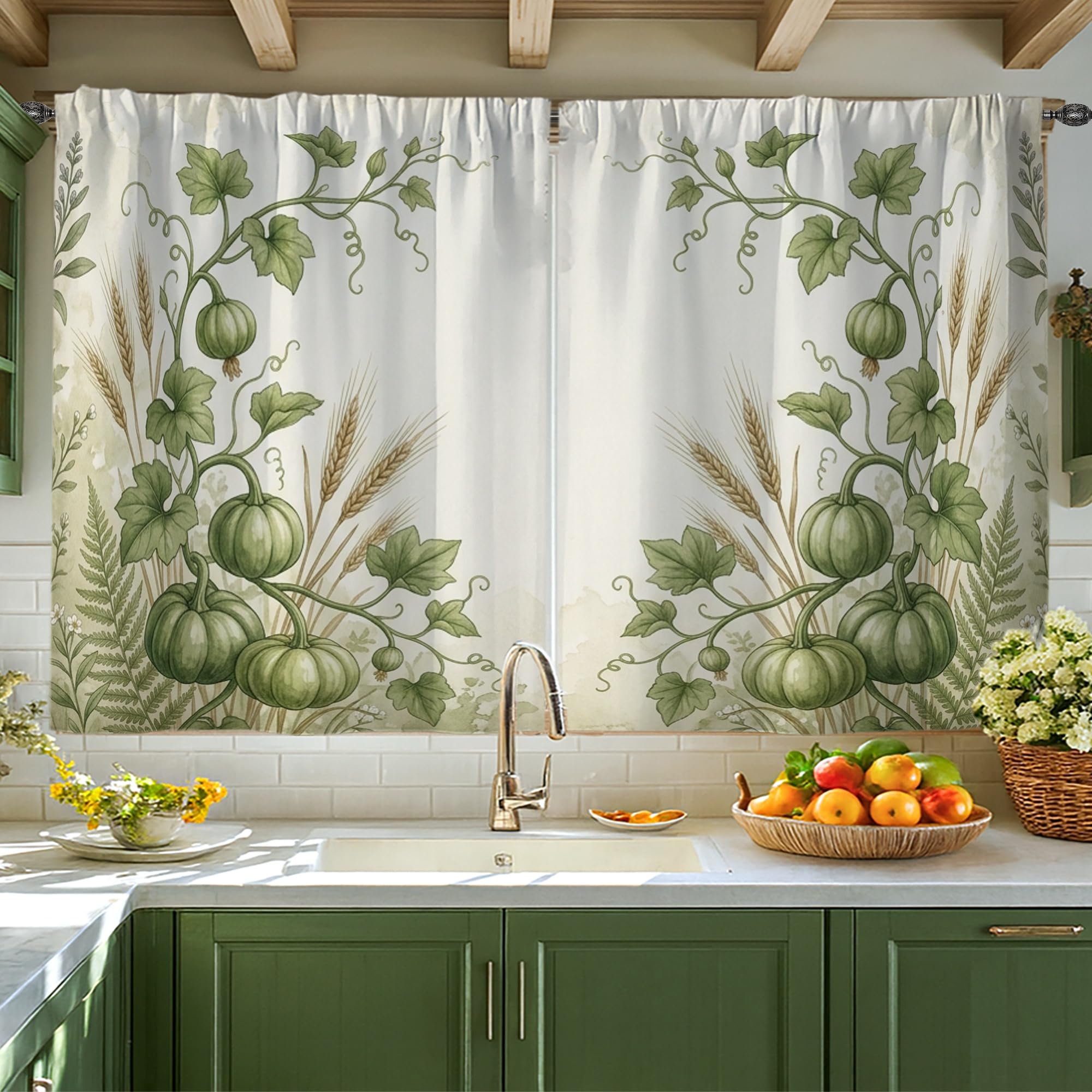 Rideaux de cuisine motif citrouilles et fougère vert automne rideau brise-bise 106 x 114 cm