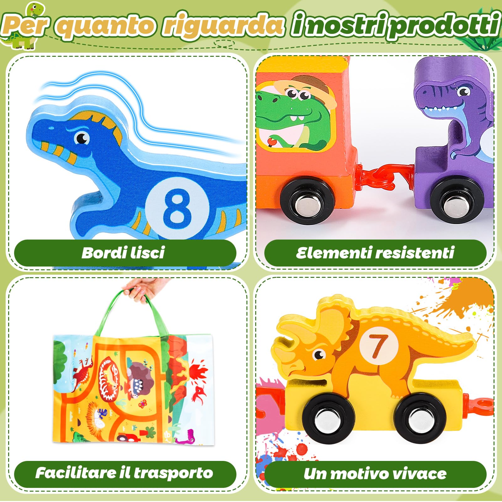 Anginne Giochi Bambini 1 2 3 Anni, Trenino di Legno Dinosauri, con Tappetino per Riporre i Giochi, Regalo Bambino 1 Anno Maschio Gioco Bambino 1-4 Anni - Giocattoli Dinosauri per Bambini
