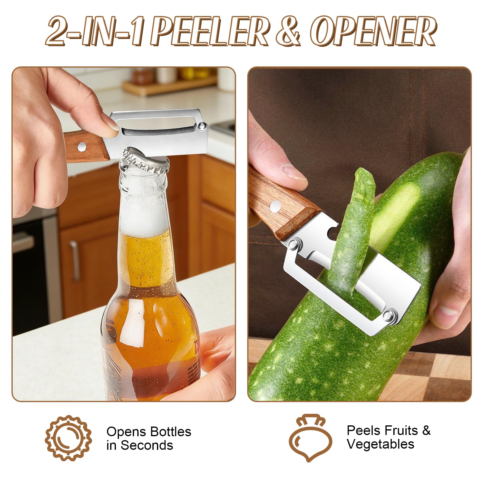 2026 Upgrade Vegetable Peeler With Wooden Handle, Stainless Steel Wide Blade Potato and Carrot Peeler, 2-in-1 Veggie Peeler With Bottle Opener for Kitchen, Camping and Travel (1PCS) - 5