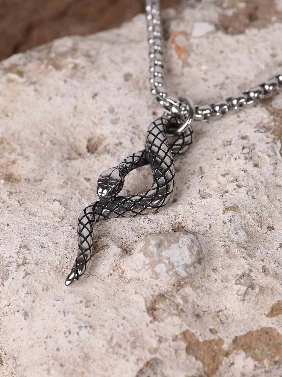 Snake Necklace,Gothic Jewelry Men's Stainless Steel Animal Snake Pendant Chain Necklace (Silver) - Image 3