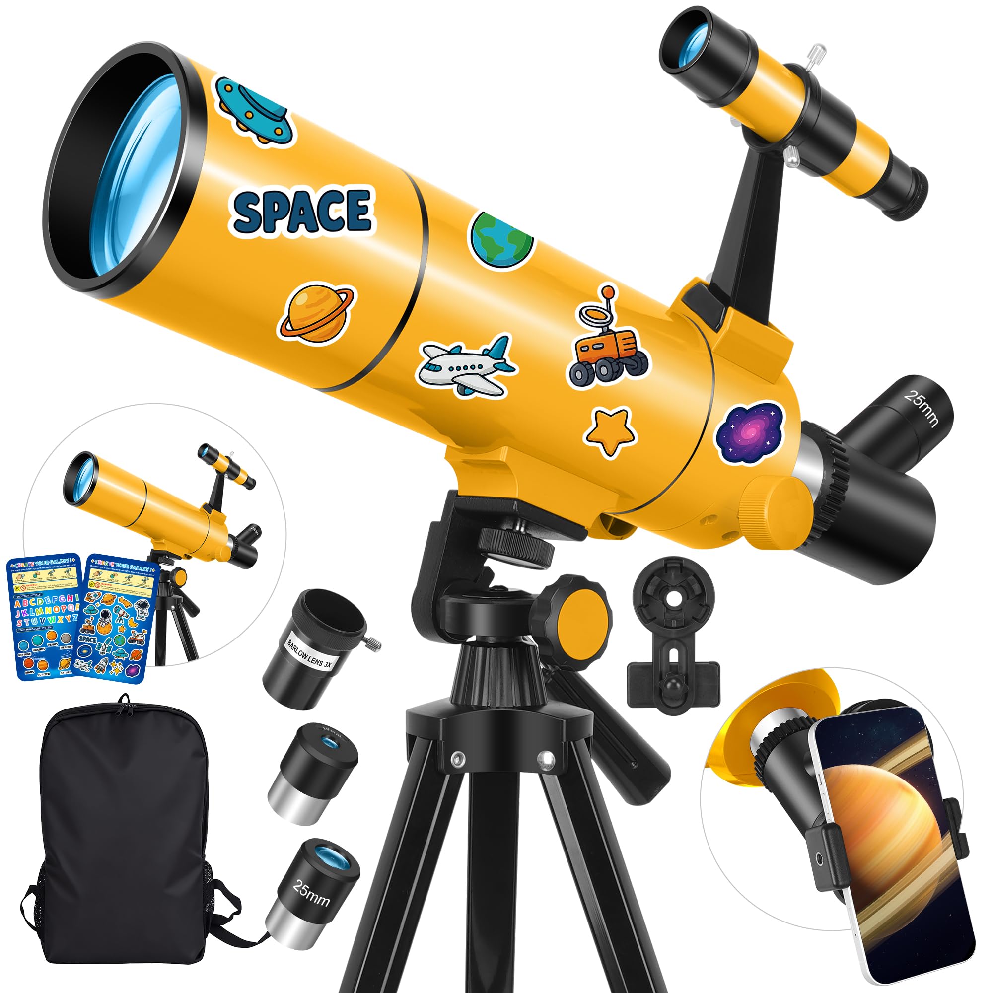 Télescope Astronomique Professionnel pour Adultes & Enfants Débutants, 80/500mm Télescope Réfracteur Portable avec Trépied Réglable, Adaptateur Téléphone, Sac à Dos & Autocollants Spatiaux