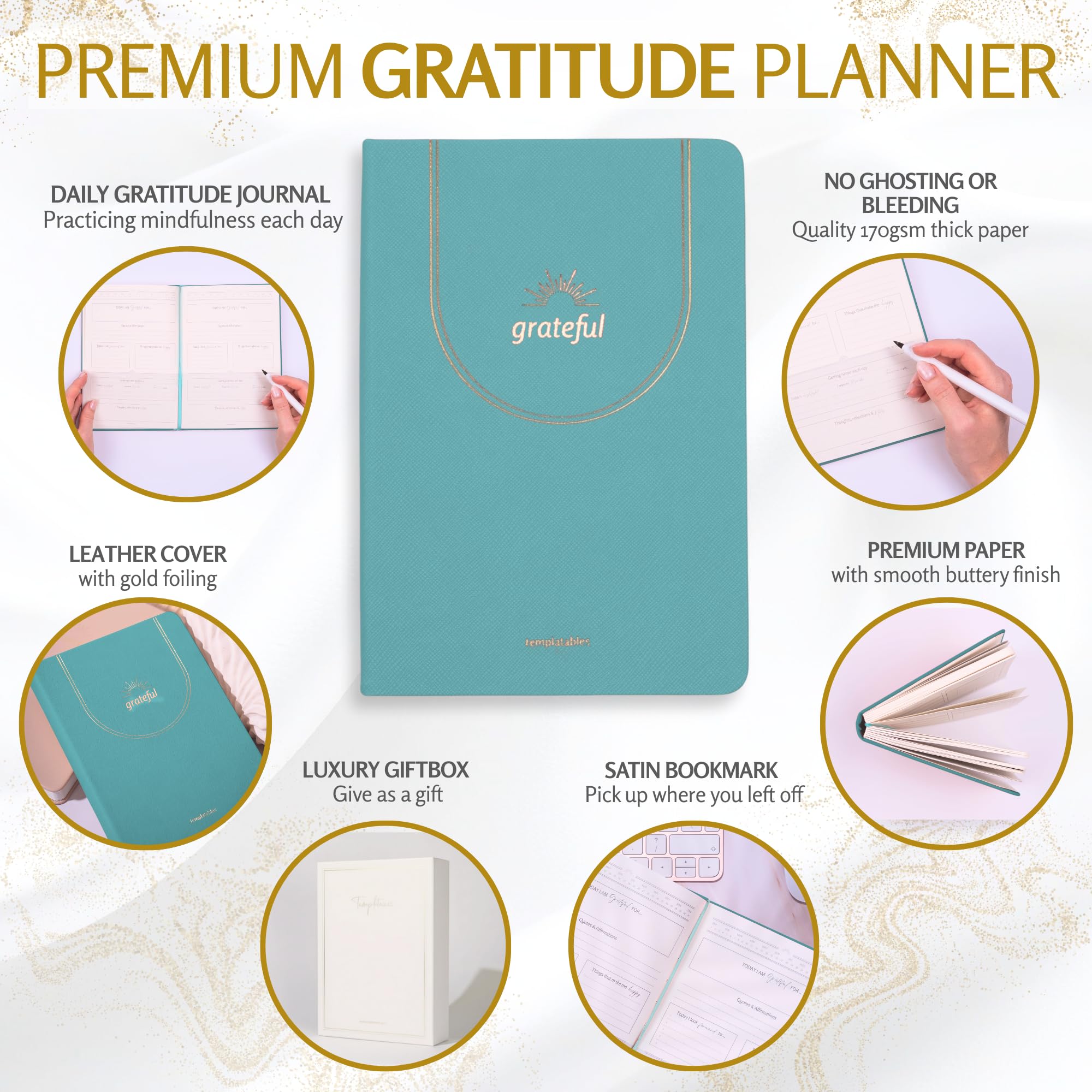 Gratitude Journal Daily Mindfulness & Self-Care Notebook with Premium Leather Cover, Guided Prompts, 170gsm Paper, Gold Foiling, Satin Ribbon & Luxury Gift Box for Women & Men (Teal Blue) - Image 2