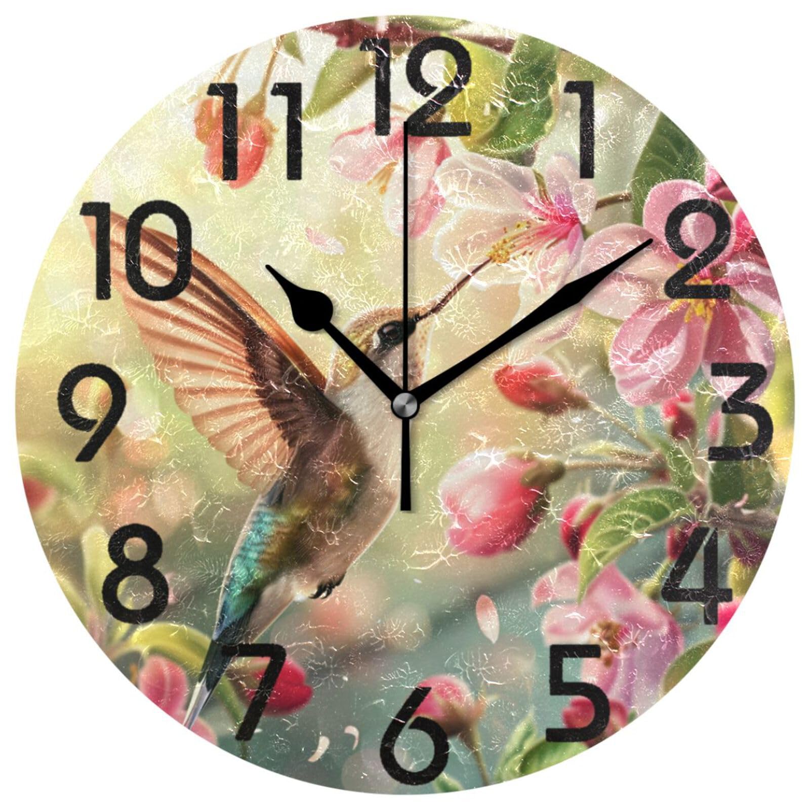ZzWwR Beautiful Spring Flowers Hummingbird Round Wall Clock, 10 Inch Analog Quiet Non Ticking Desk Clock for Home Kitchen/Living Room/Bedroom/Bathroom/Office