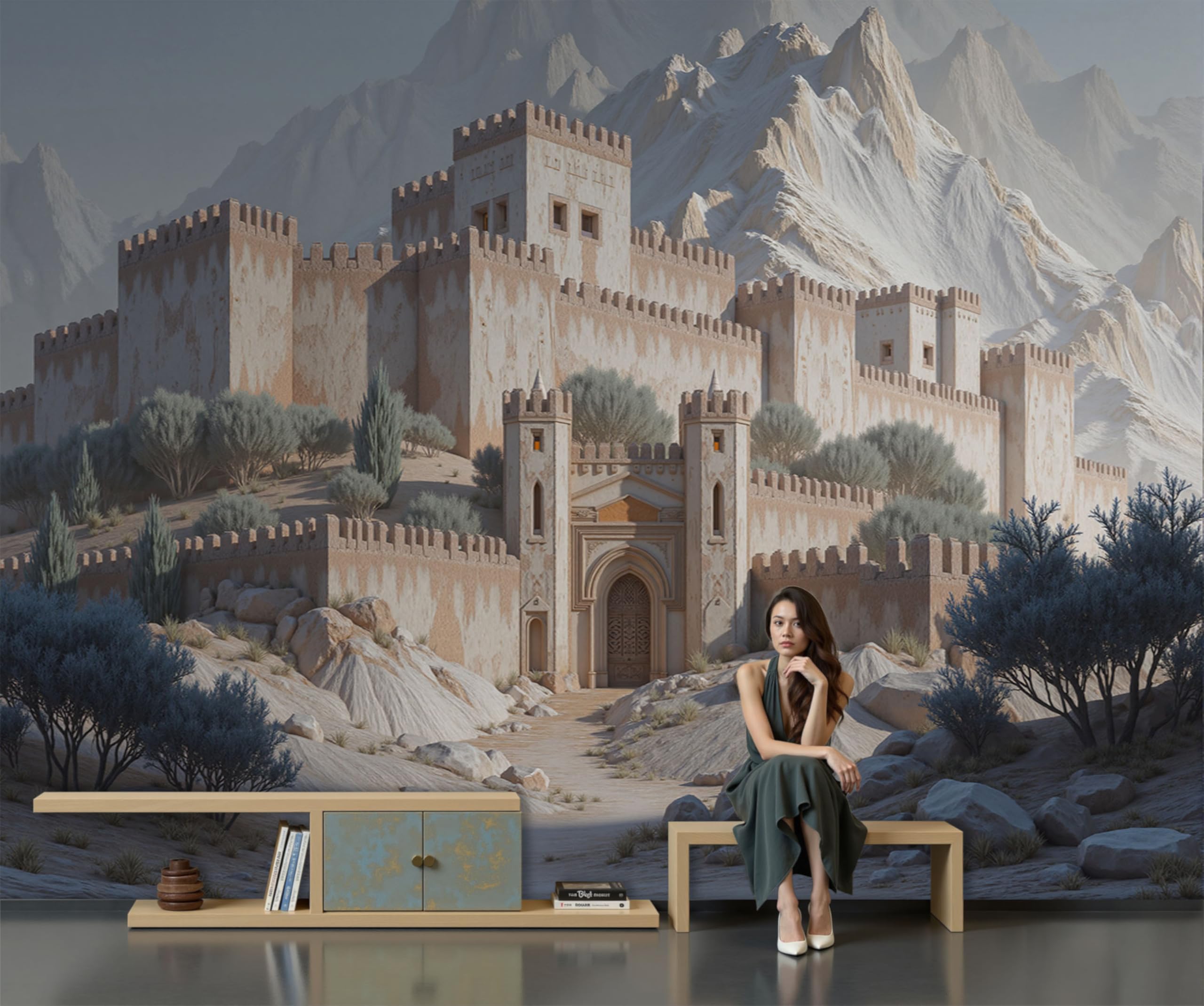 Papier Peint Château De Montagne Nordique beige grand format 450 x 315 cm pour déco murale
