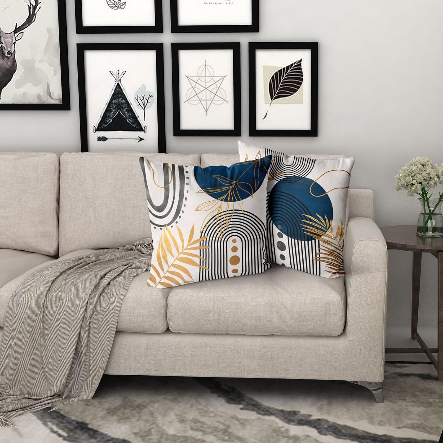 Grey and Blue Throw Pillows Boho Pillow Covers 20x20 Abstract Geometric Pillow Covers Mid Century Modern Decor for Sofa Bed Living Room Couch Set of 4