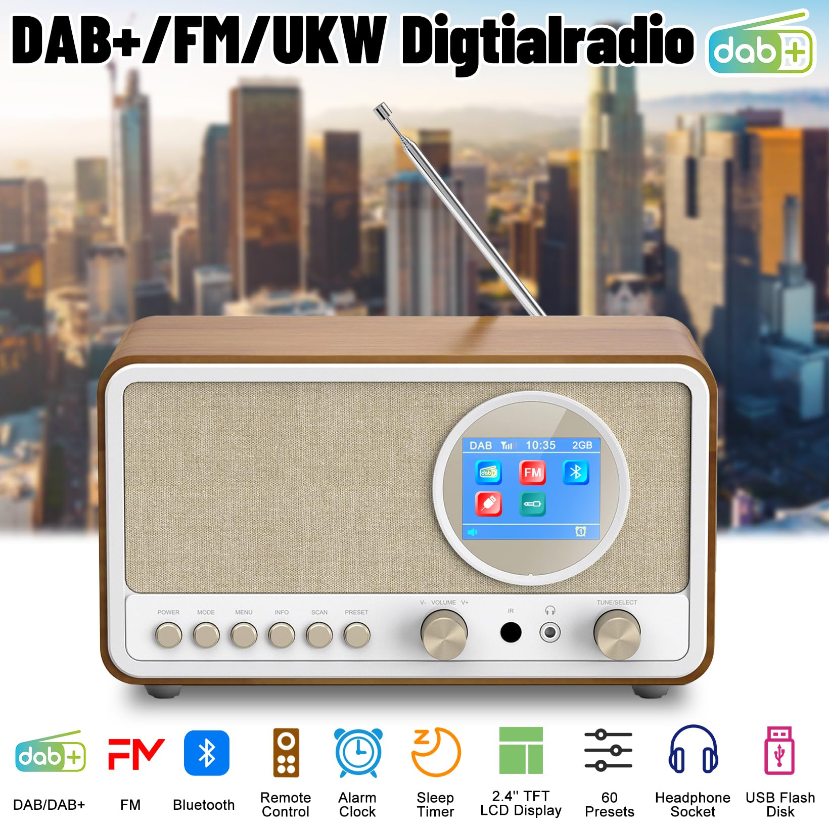 Radio DAB+ FM Retrò In Legno Con Bluetooth - Radiosveglia Display Color Per Cucina - Foto 3
