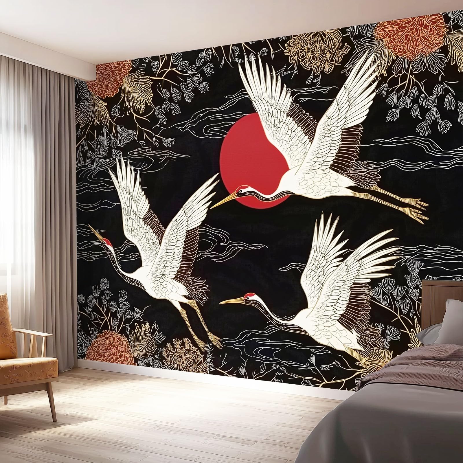 Tapeta z włókniny, 350 x 256 cm, japoński styl latający ptak, dekoracja ścienna do dużego pokoju młodzieżowego, srebrno-złoty