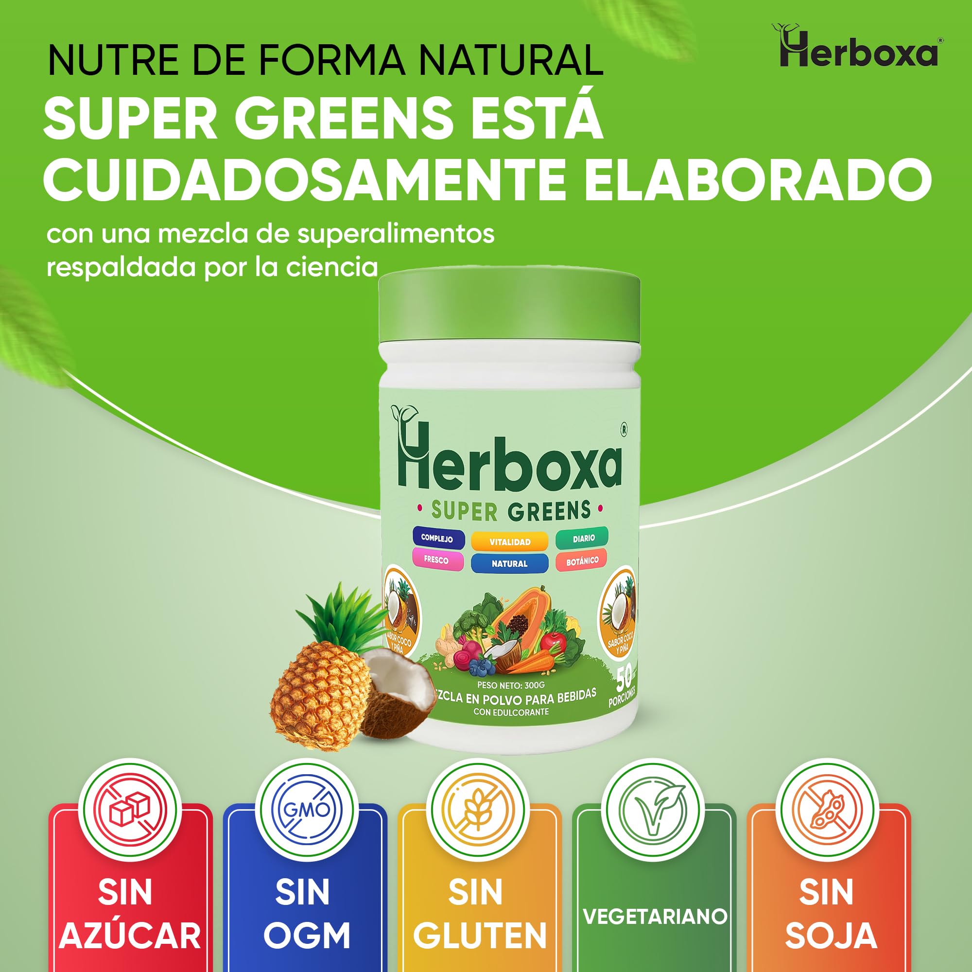 Herboxa Super Greens Polvo con Más de 30 Superalimentos Verdes, con Probióticos y Enzimas, Sabor coco piña, Complemento Alimenticio, 50 Porciones