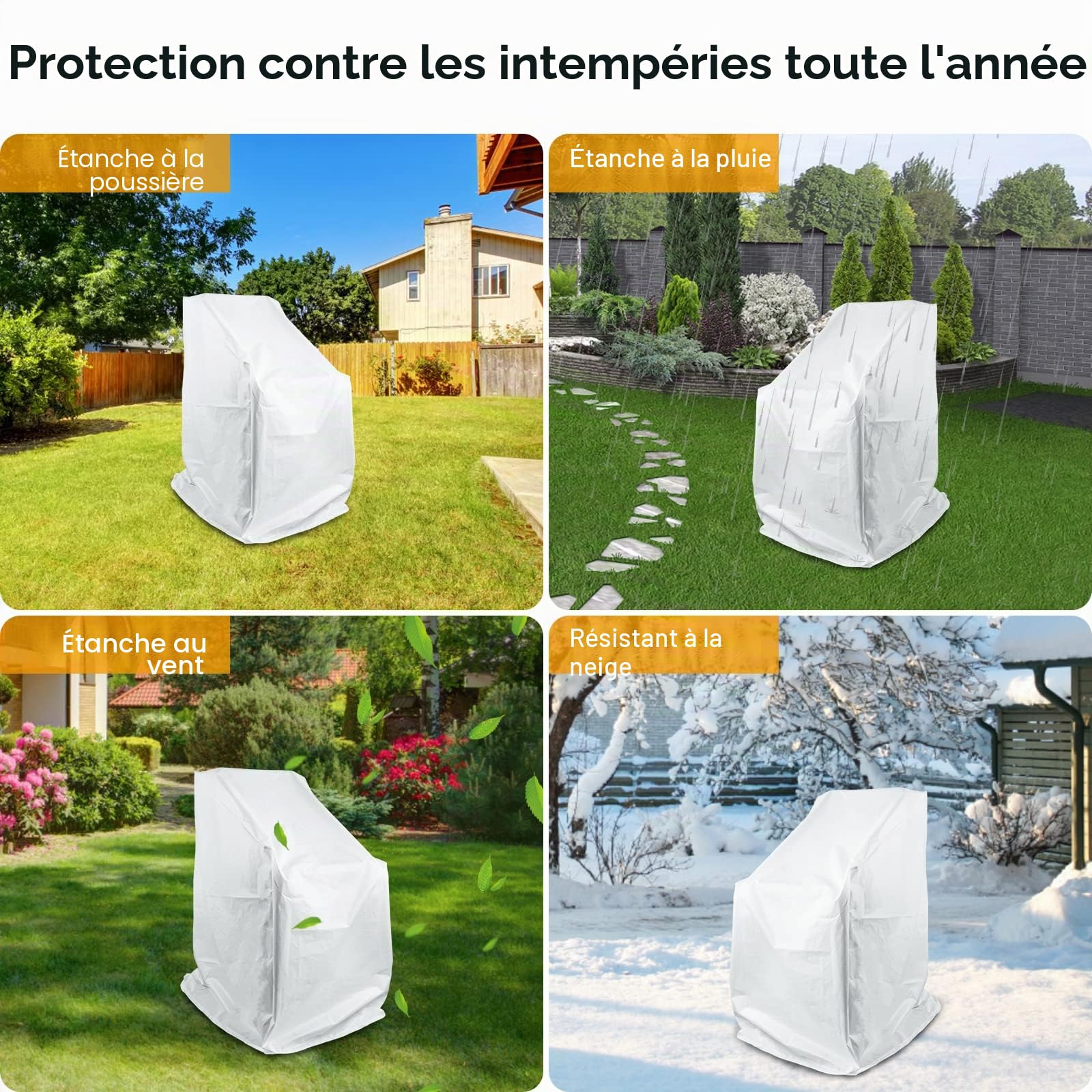 E-Senior Housse de Protection pour Chaise de Jardin, Résistante aux Intempéries, Résistante à la Déchirure, épaisse, Tranparent, pour Chaises, Housse en Tissu PEVA pour Chaise Empilable, Dossier Haut