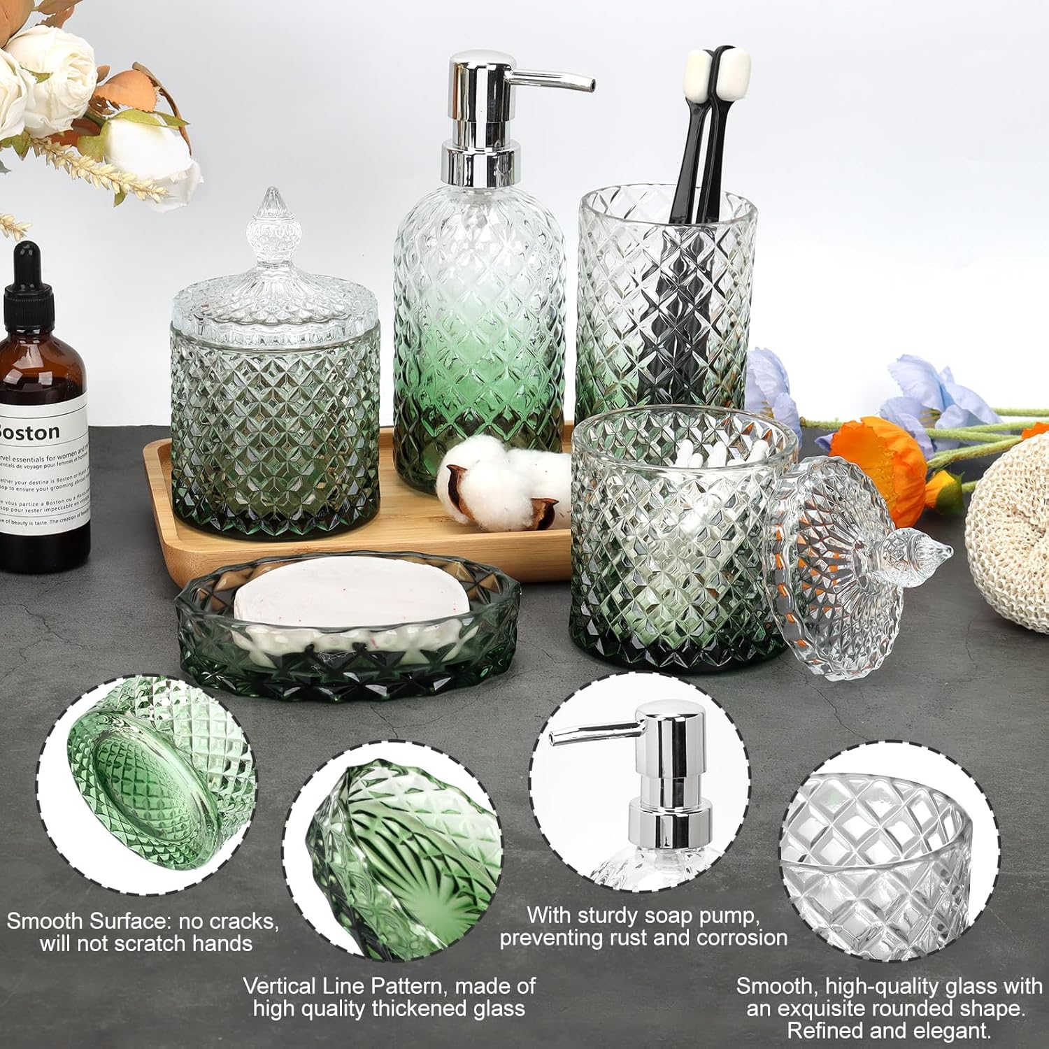 Bathroom Accessories Set, 5Pcs Bathroom Soap Dispenser Set, Glass Bathroom Accessories with Glass Soap Dispenser, Soap Dish, Toothbrush Holder, Tumbler, Cotton Swab Jar (Gradient Clear & Green)