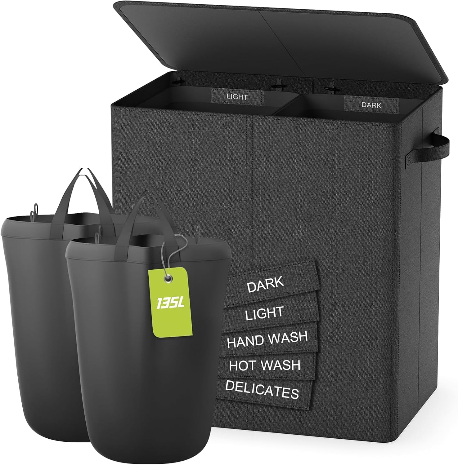 Wäschekorb Mit Deckel, 135L Extra Große Wäschekorb 2 Fächer Schmutzige Kleidung Hampers Für Wäsche Wäschesammler 2 Fächer Geteilt Für Schlafzimmer, Dunkelgrau