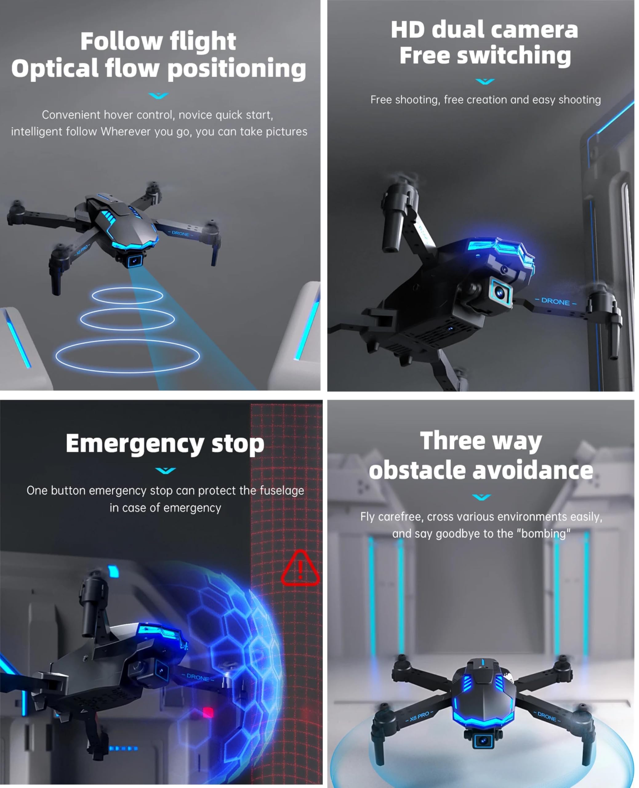 Drone X6 Fotografia Aerea ad Alta Definizione Posizionamento del Flusso Ottico Doppia Fotocamera 4k Evitamento degli Ostacoli su Tre Lati Altezza Fissa