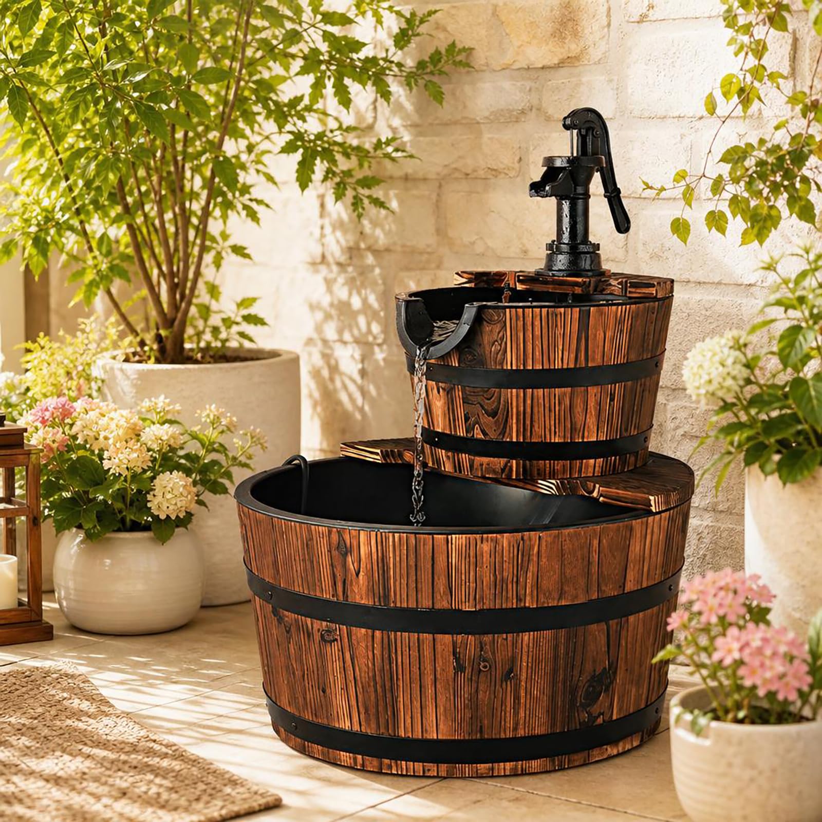 SOARS Fontaine de jardin à 2 niveaux, avec pompe à eau et débit d'eau réglable, design en bois, décoration de jardin pour extérieur, balcon, terrasse