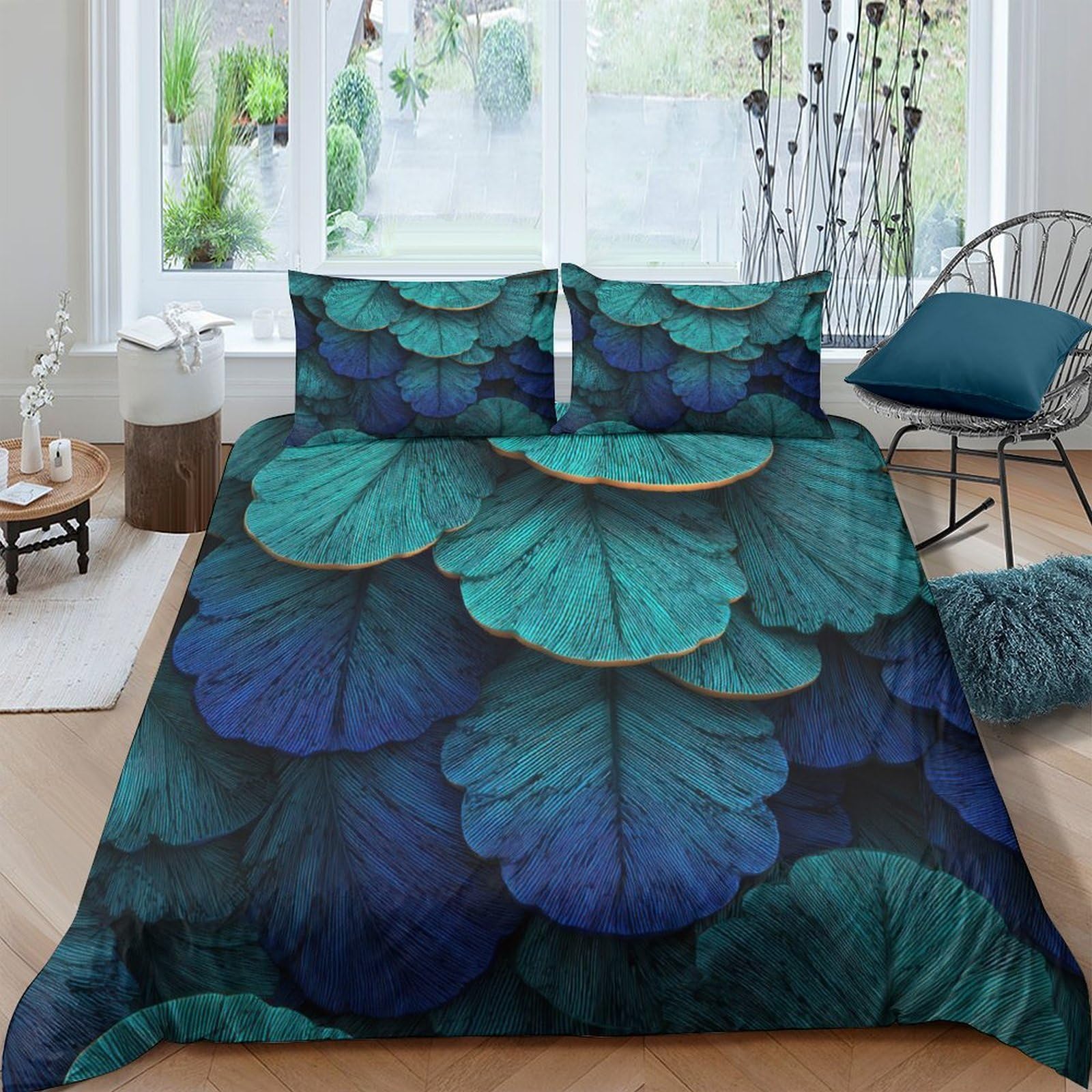 Ctjqhvkz Style-1 3D Printed Teal Leaf Fitted Sheet Microfiber Soft Breathable Blue Botanical Mattress Cover For Bedroom Guestroom Decor Single（135X200cm）