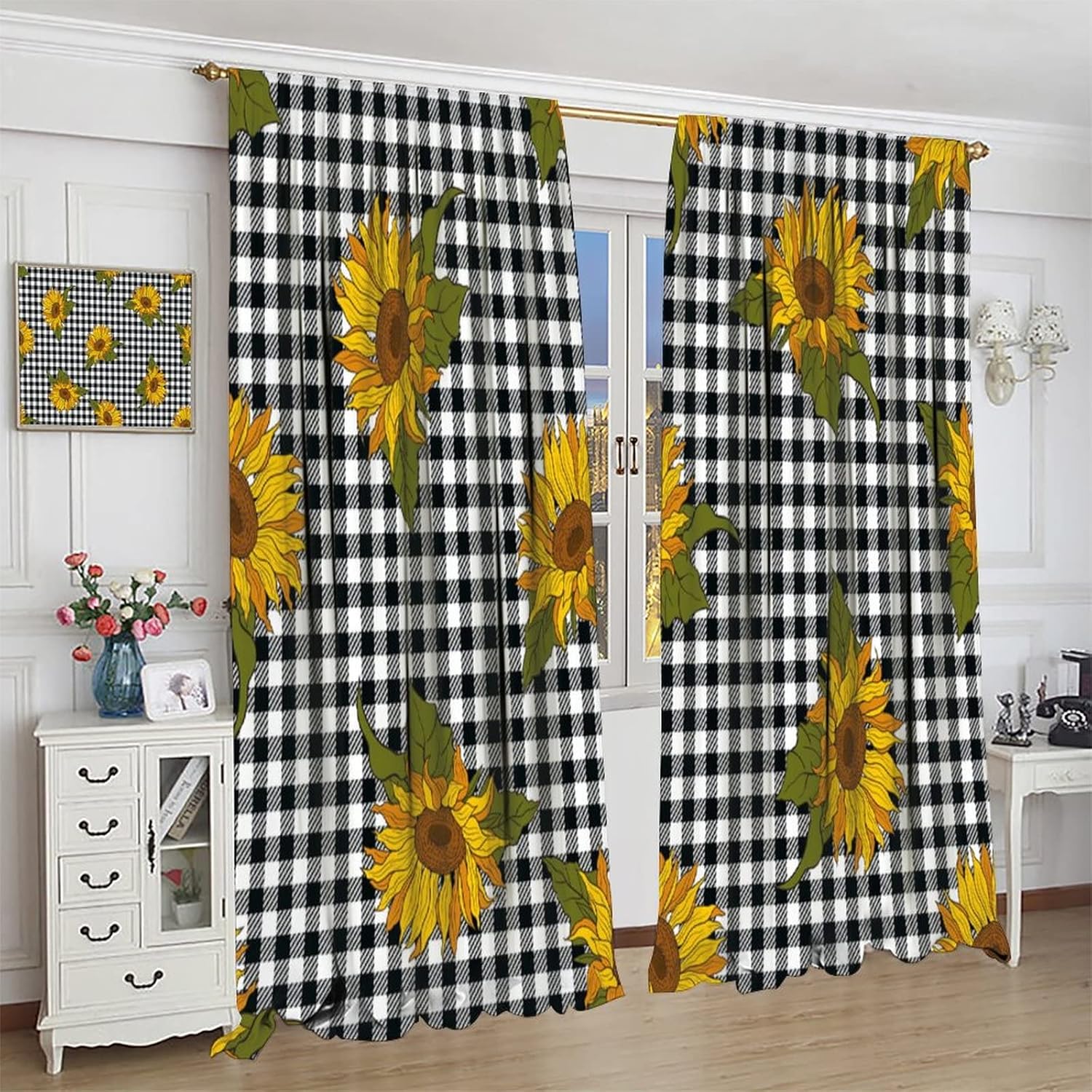 Sunflower Bedroom Curtain,Rustic Farm Sunflower Black Plaid Window Treatments Curtains for Living Room Bedroom Home Decor W42xL63in