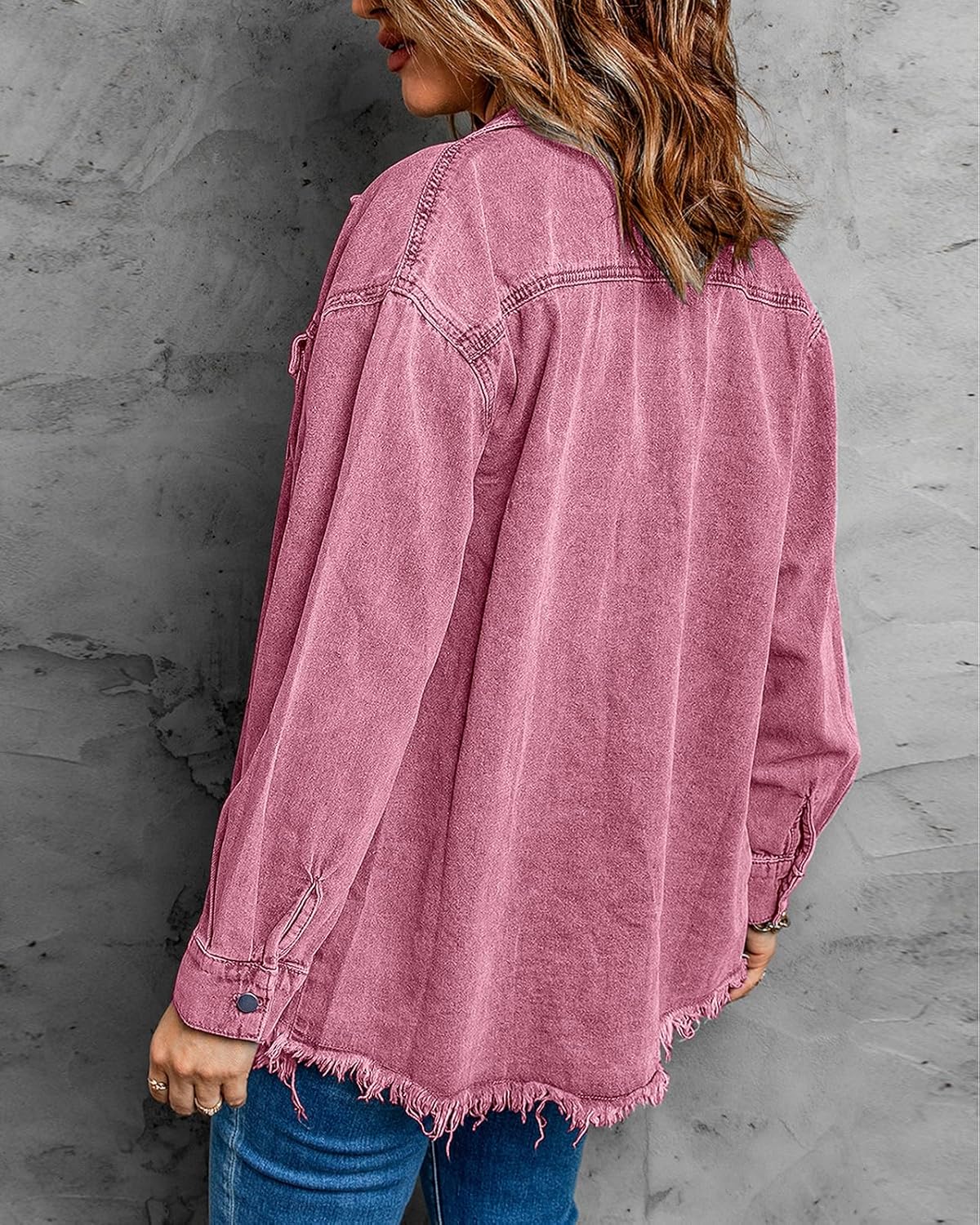 Vetinee Women’s Oversized Button Up Frayed Hem Shacket Long Sleeve Pockets Denim Jean Jacket - Image 2