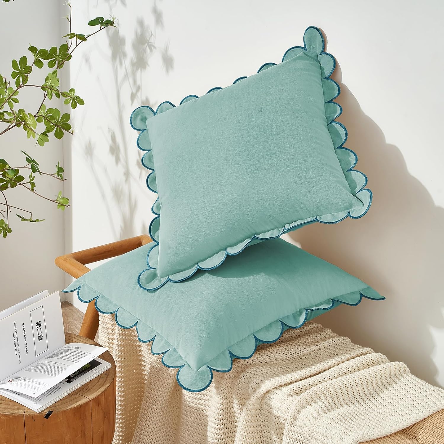 MONDAY MOOSE Decorative Throw Pillow Covers Cushion Cases, Set of 2 Soft Velvet Scalloped Round Edge Designs, Mix and Match for Home Decor, Pillow Inserts Not Included (20x20 inch, Light Blue)