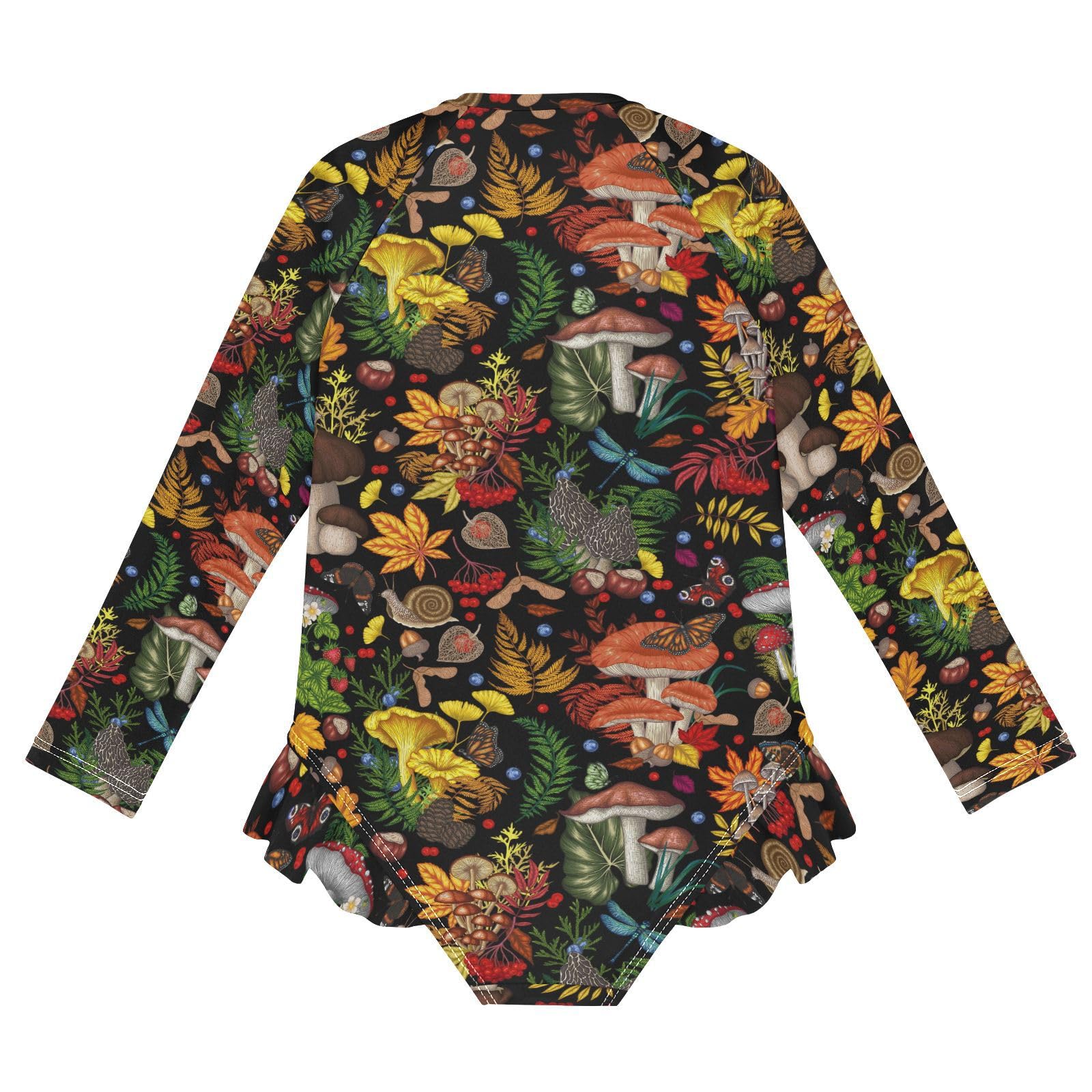 JHKKU Girls Long Sleeve Mushrooms Plants Insects Swimsuit One Piece Zipper Rash Guard Bathing Suit with UPF 50+ Sun Protection Ruffle Swimwear 4T