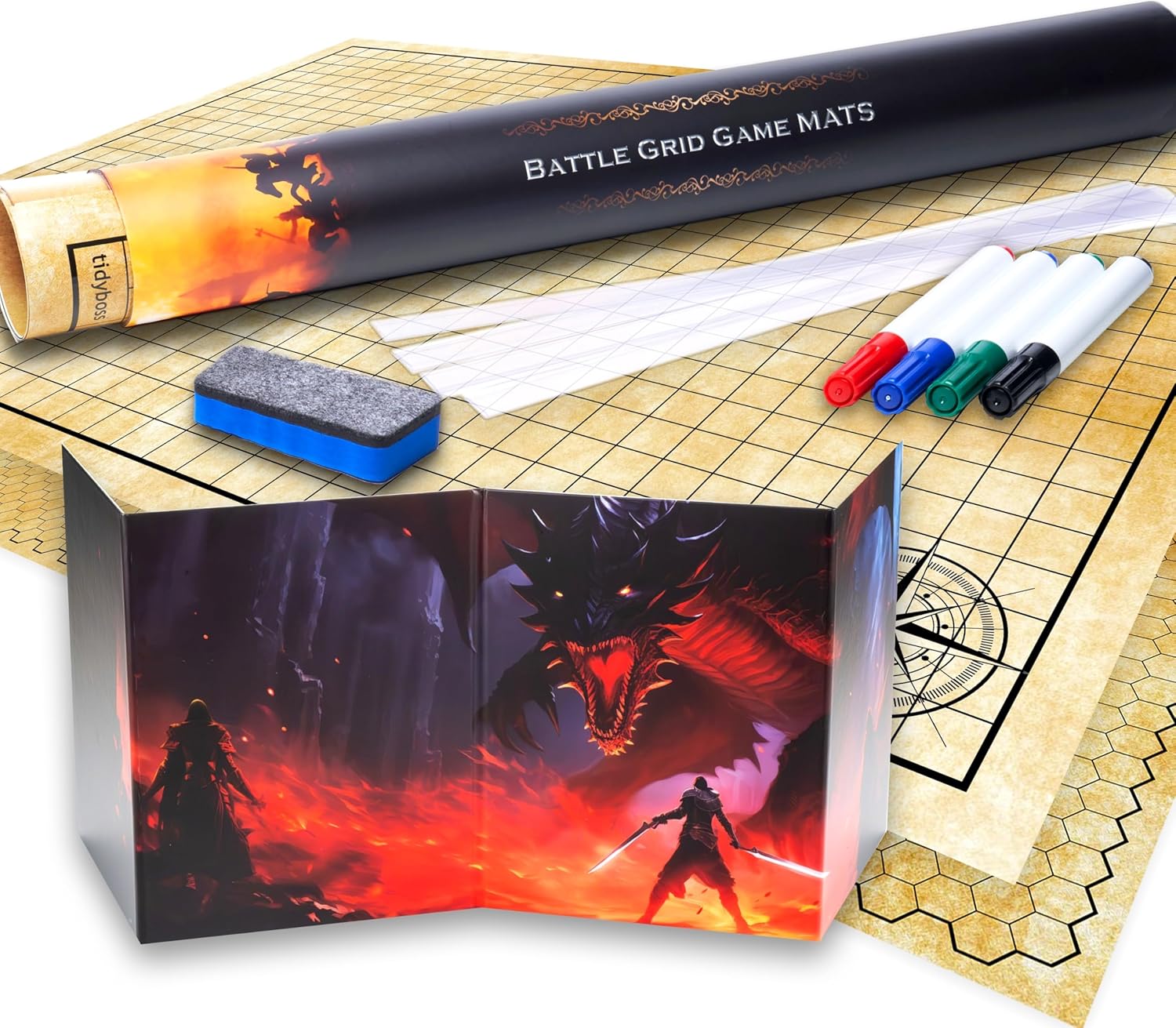 36" x 48" DND Battle Game Mat, Double-Sided with Grids & Hexes + DM Screen