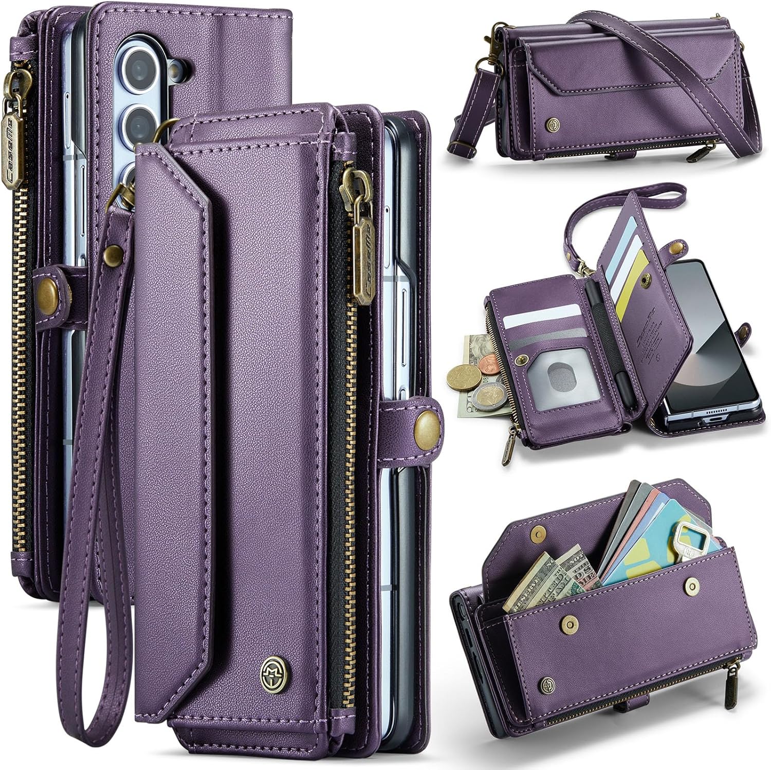 Dteck for Samsung Galaxy Z Fold 6 Flip Wallet Case with Shoulder/Wrist Strap, Built-in Elastic Pen Holder, Card Slots, Pocket, Button Closure, Stand Function, PU Leather Protective Folio Cover, Purple