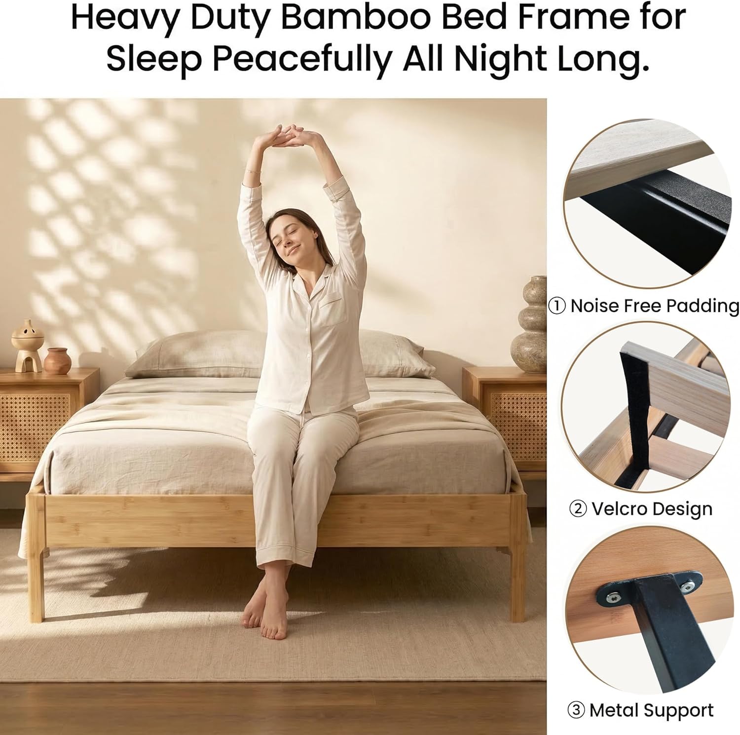 15 Inch Solid Bamboo Wood Queen Bed Frame, Platform Bedframes Without Headboard, Mid-Century Modern Beds with Under Bed Storage and Wood Slat Support, No Box Spring Needed/Noise-Free, Natural