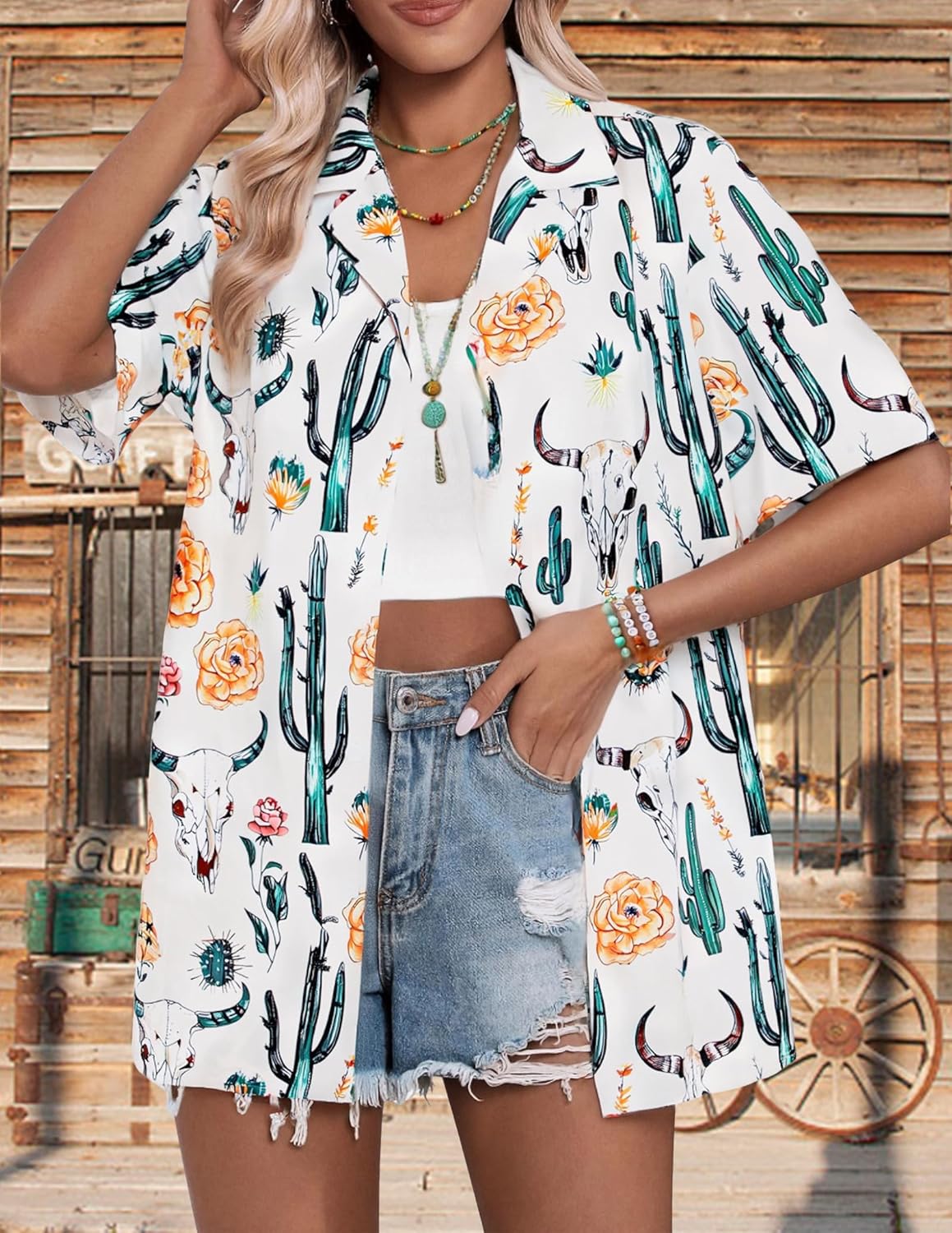 Western Button Down Shirts Women Cowgirl Vintage Print Short Sleeve Tops Cute Summer Country Concert Outfit - Image 3