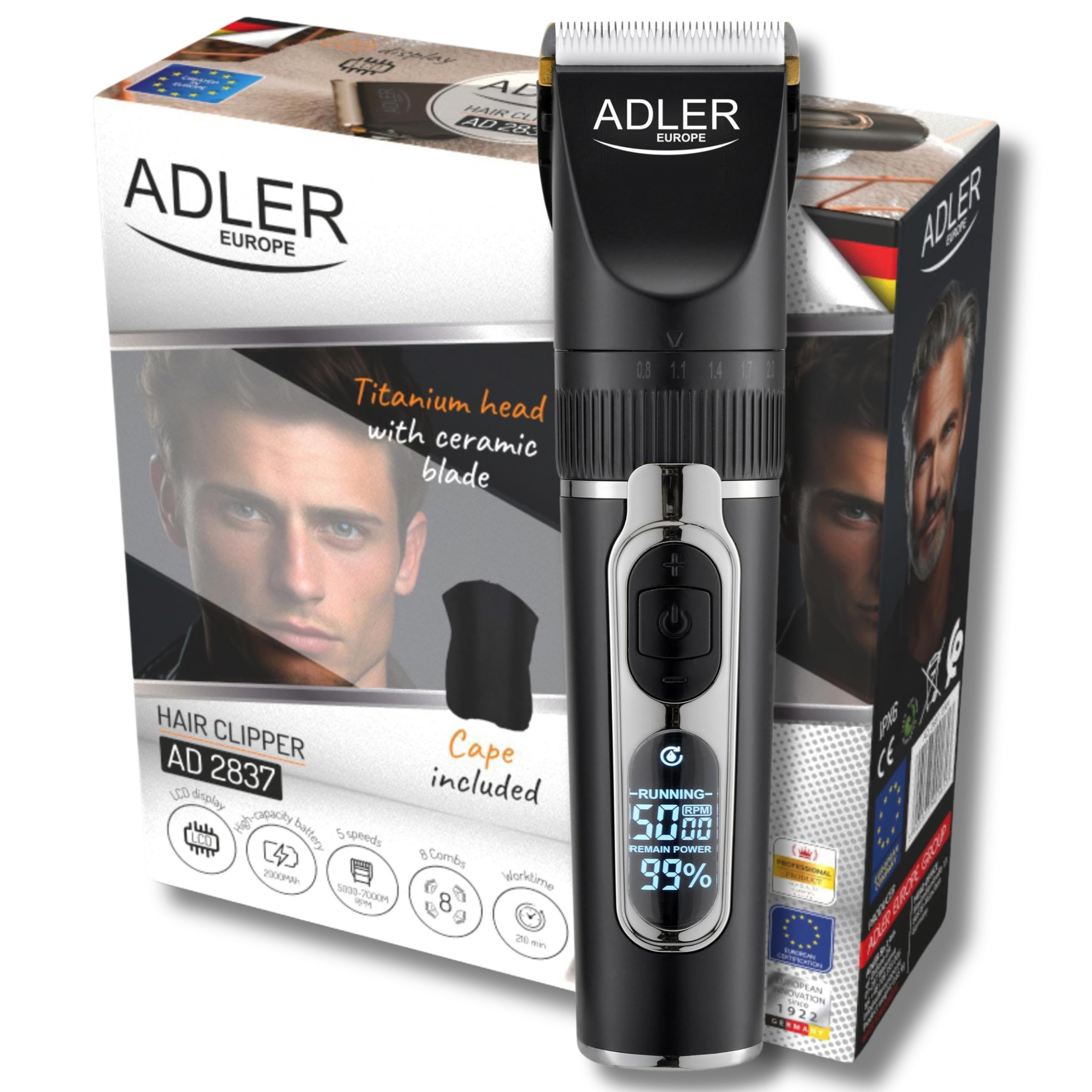 ADLER EUROPE-Haarschneidemaschine AD2837 mit Bartschneider und Haartrimmer für Männer. 2000 mAh-Akku, Vielseitiges All-in-One-Set für den gepflegten Mann und den professionellen Friseur