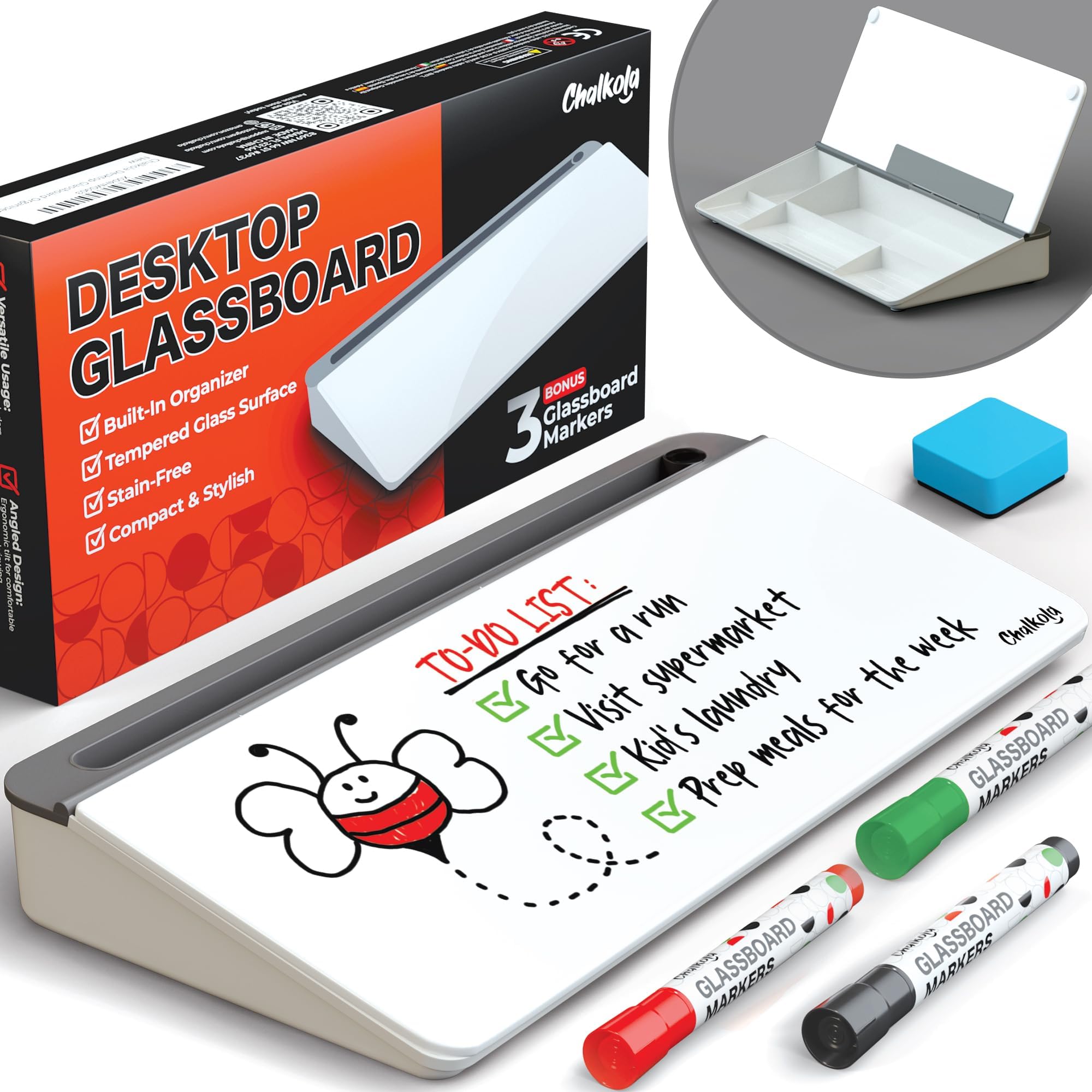 Chalkola Glass Desktop Whiteboard with Storage, Dry Erase Board, Work Desk Organizers, Computer Keyboard Stand