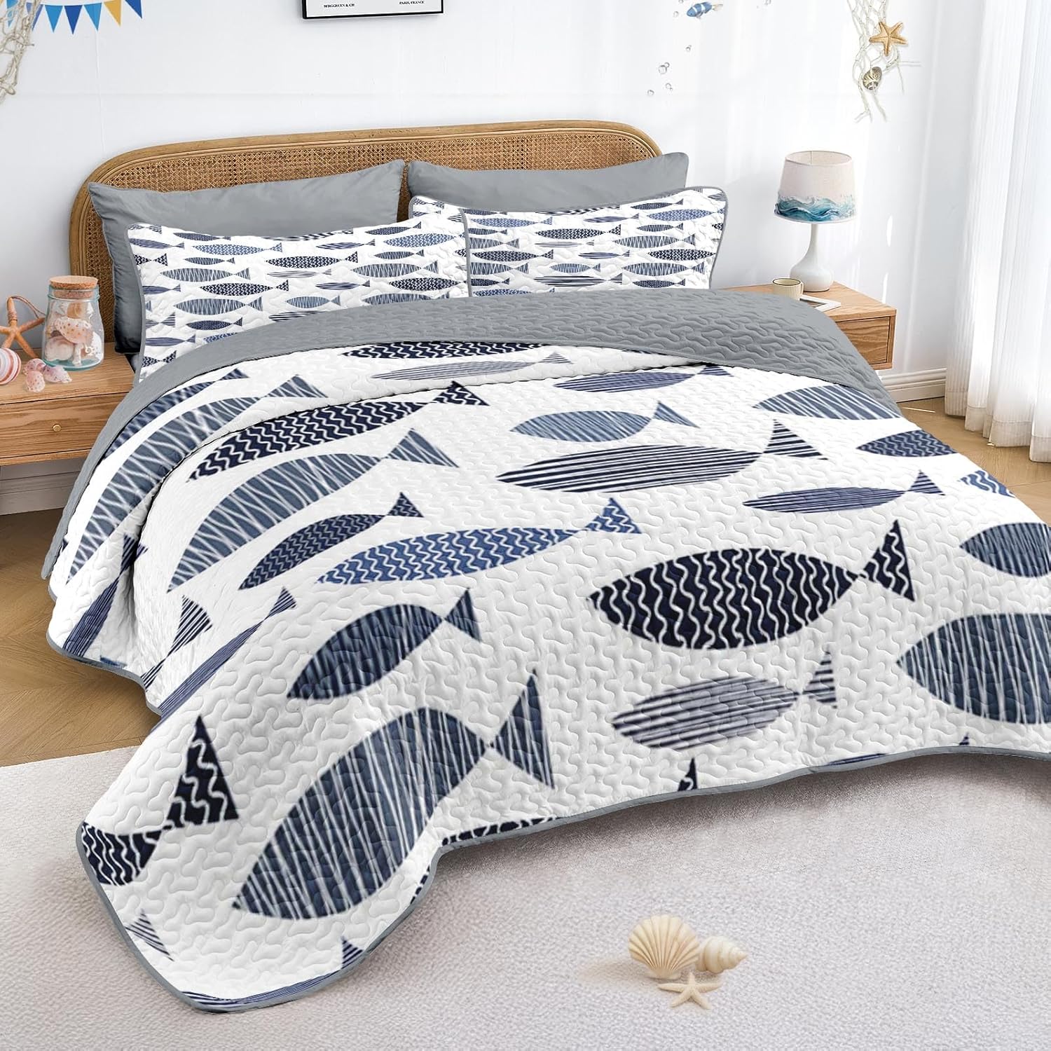 Quilt Set Full/Queen Size, Coastal Fish Ocean 3 Pcs Soft Bed Cover Bedding Set, Nautical Lake House Lightweight Bedspread Coverlet with 2 Pillow Sham for All Season - Image 9