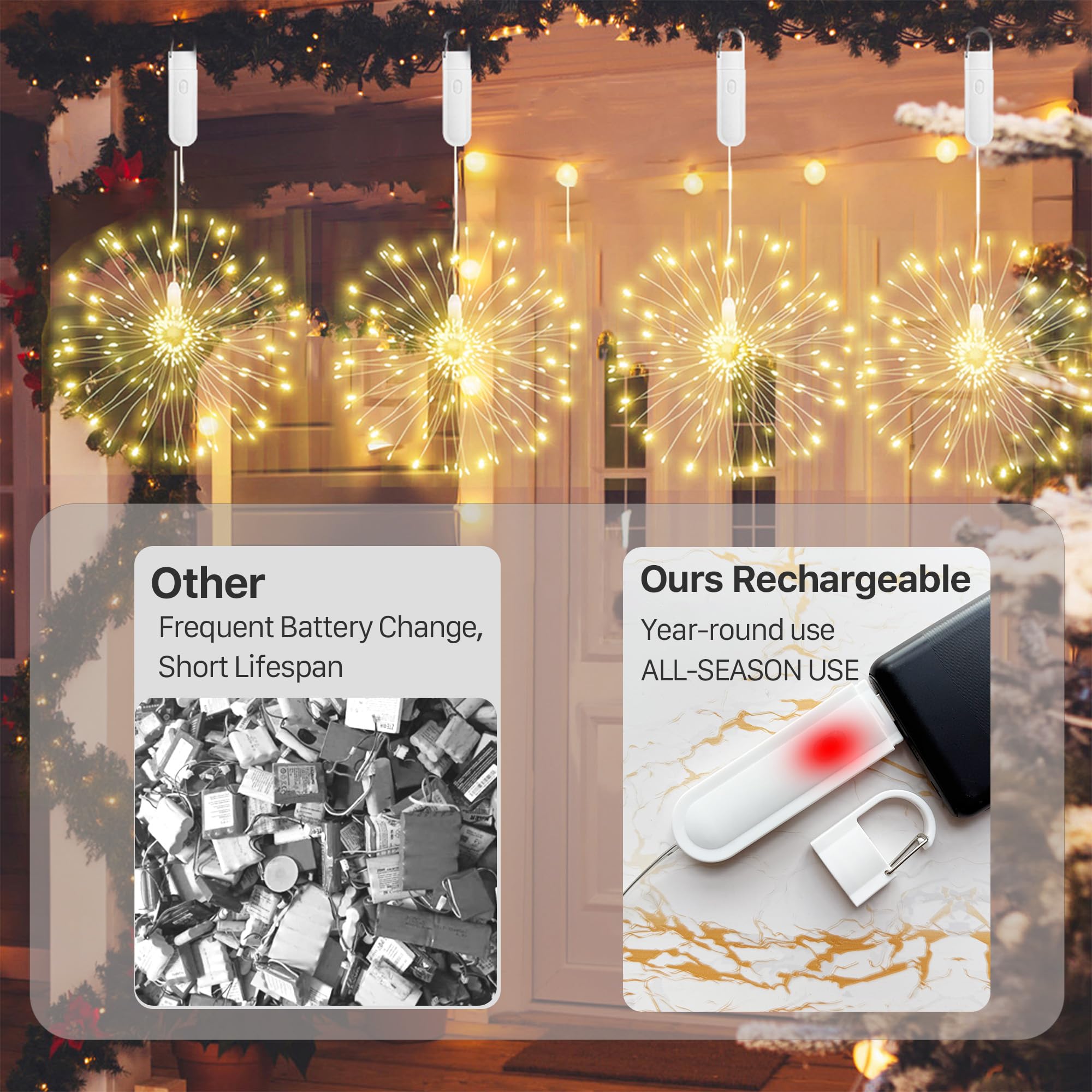 Feuerwerk Lichter, 240LEDS/480 LEDs USB-betriebene hängende Feuerwerklichter mit 8 Modi, Fernbedienung, Draht hängende Feuerwerk Lichter für Garten Hof Baum Dekor Weihnachtsdekoration (4)