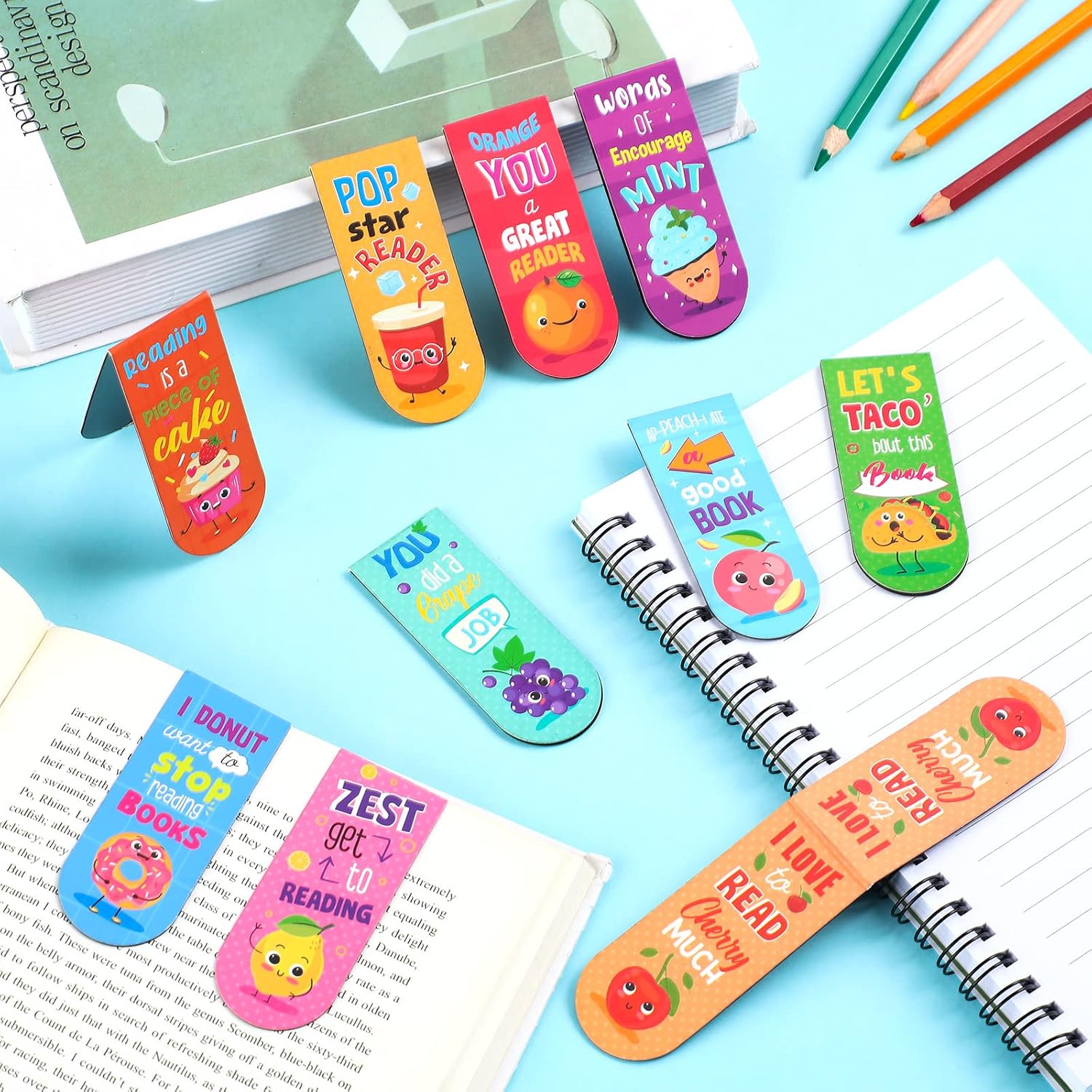 Fainne 30 Pieces Assorted Scented Magnetic Bookmarks Scratch and Cute Sniff Fruit Food Theme Bookmarks Encouraging Sayings Book Tag 10 Styles(Sweet) image 4