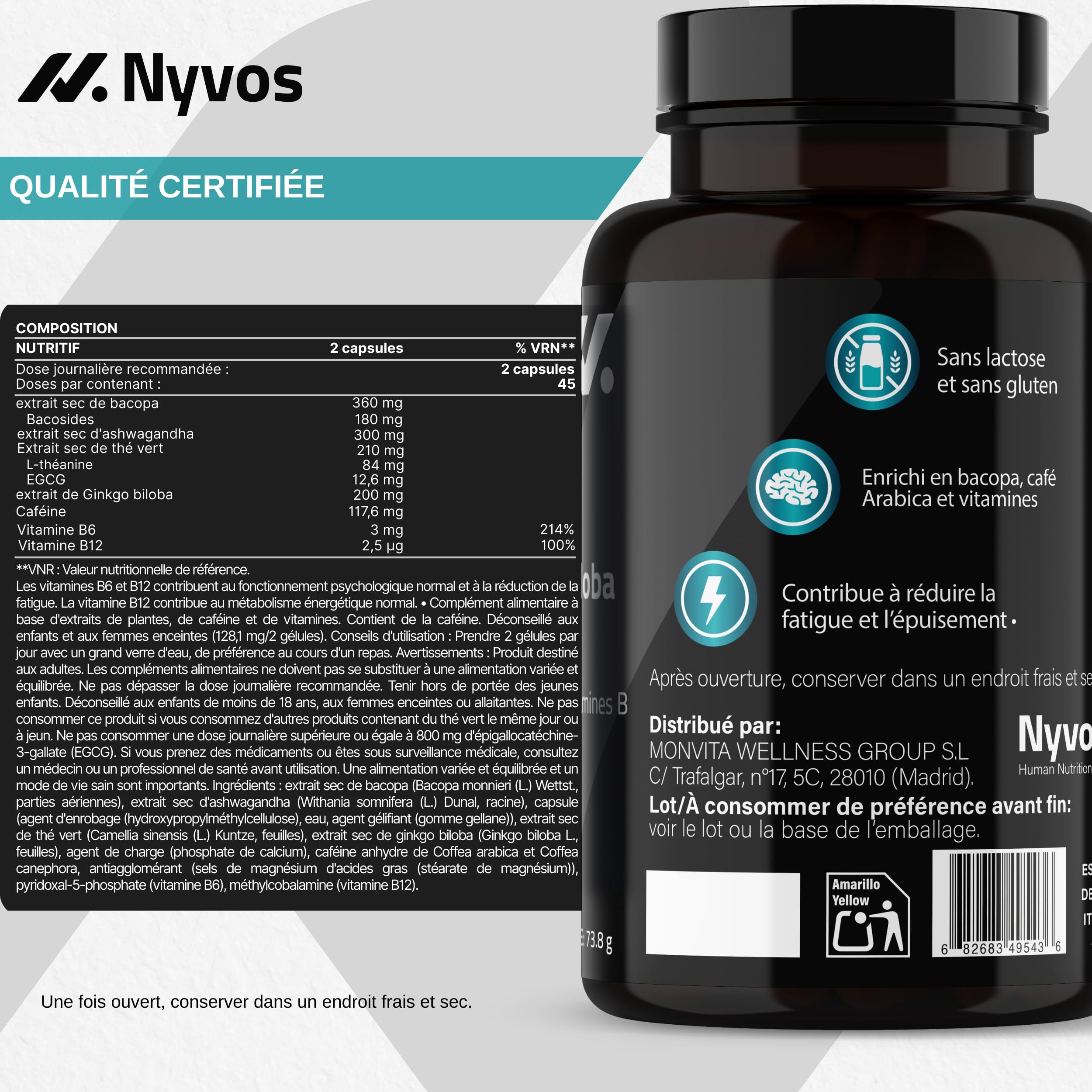 L-Théanine, Ginkgo Biloba, Ashwagandha – Nootropique avec Bacopa Monnieri, caféine naturelle, vitamines B6 & B12 fortement dosées | Focus, concentration & énergie sans nervosité | 90 gélules véganes